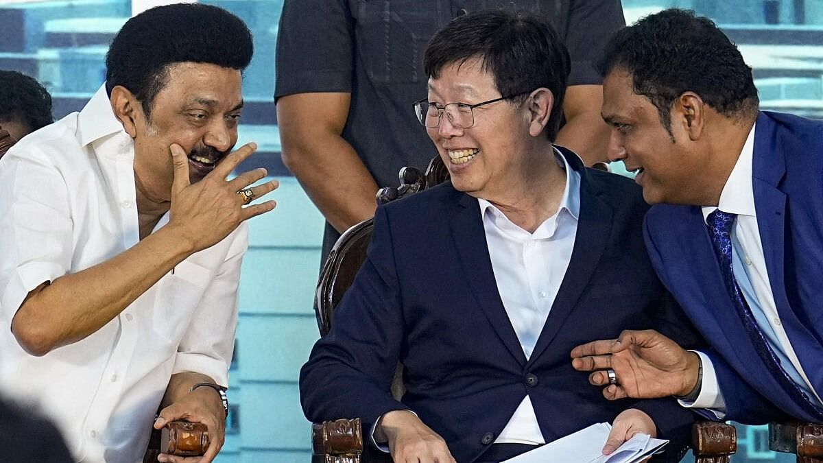 <div class="paragraphs"><p>Tamil Nadu Chief Minister MK Stalin, Foxconn Chairman Young Liu and Tamil Nadu Minister of Industries TRB Rajaa during the inauguration of the exclusive housing complex for women workers of Foxconn at Vallam Vadagal Industrial Park, Sriperumbudur, in Kanchipuram district, Saturday, August 17, 2024.</p></div>