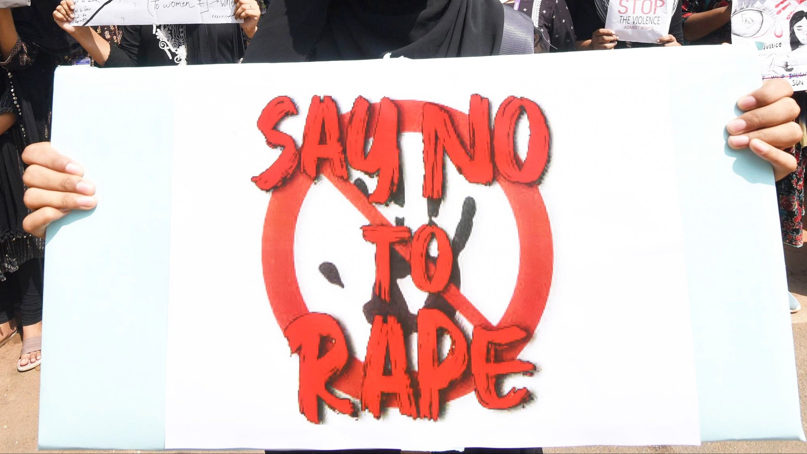 <div class="paragraphs"><p>A placard with 'say no to rape' message on it.</p></div>