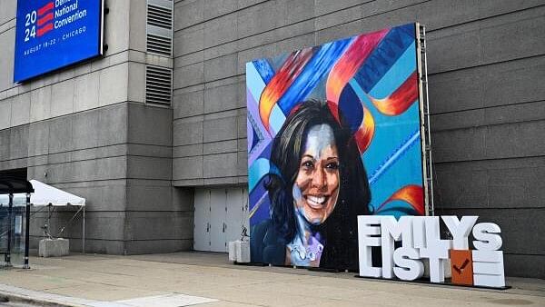 <div class="paragraphs"><p>painting depicting U.S. Vice President and Democratic presidential nominee Kamala Harris is placed outside the United Center, the host venue of the Democratic National Convention (DNC) in Chicago, Illinois, US.&nbsp;</p></div>