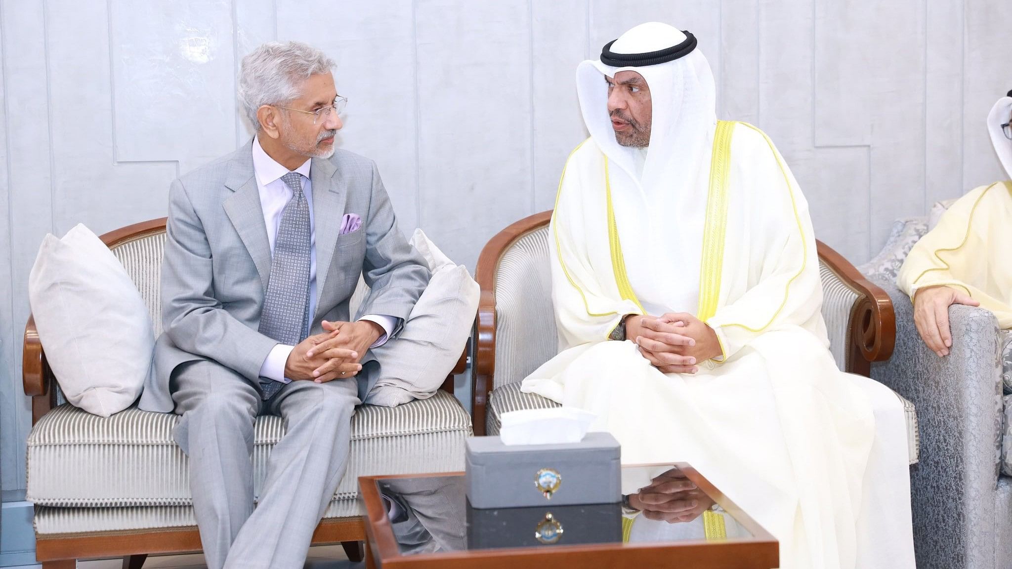 <div class="paragraphs"><p>External Affairs Minister S Jaishankar with Minister of Foreign Affairs of Kuwait Abdullah Ali Al-Yahya during a meeting, in Kuwait.</p></div>