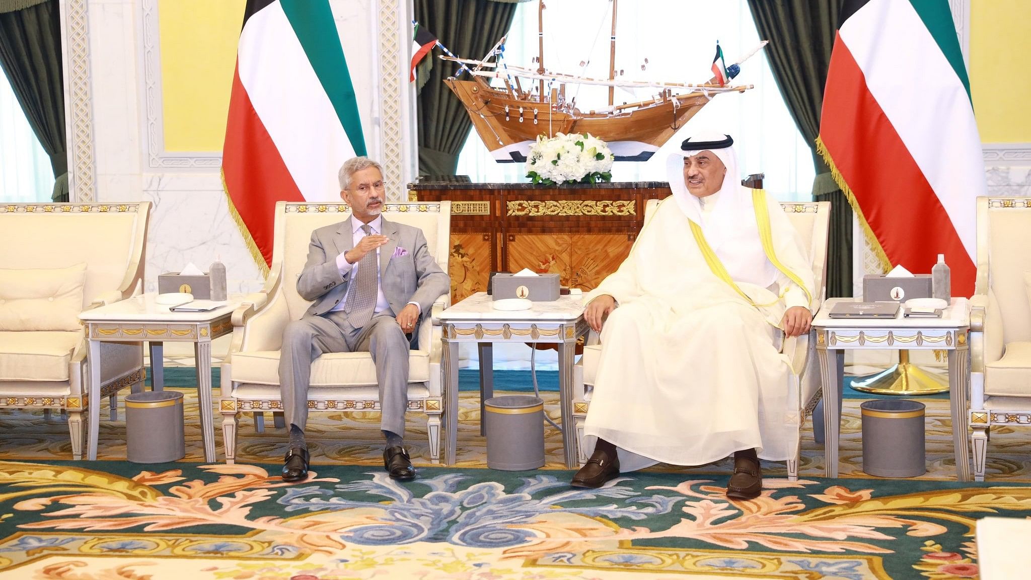 <div class="paragraphs"><p>EAM S Jaishankar with&nbsp;His Highness Sheikh Sabah Al-Khaled Al-Sabah Al-Hamad Al-Mubarak Al-Sabah, the Crown Prince of the State of Kuwait.</p></div>