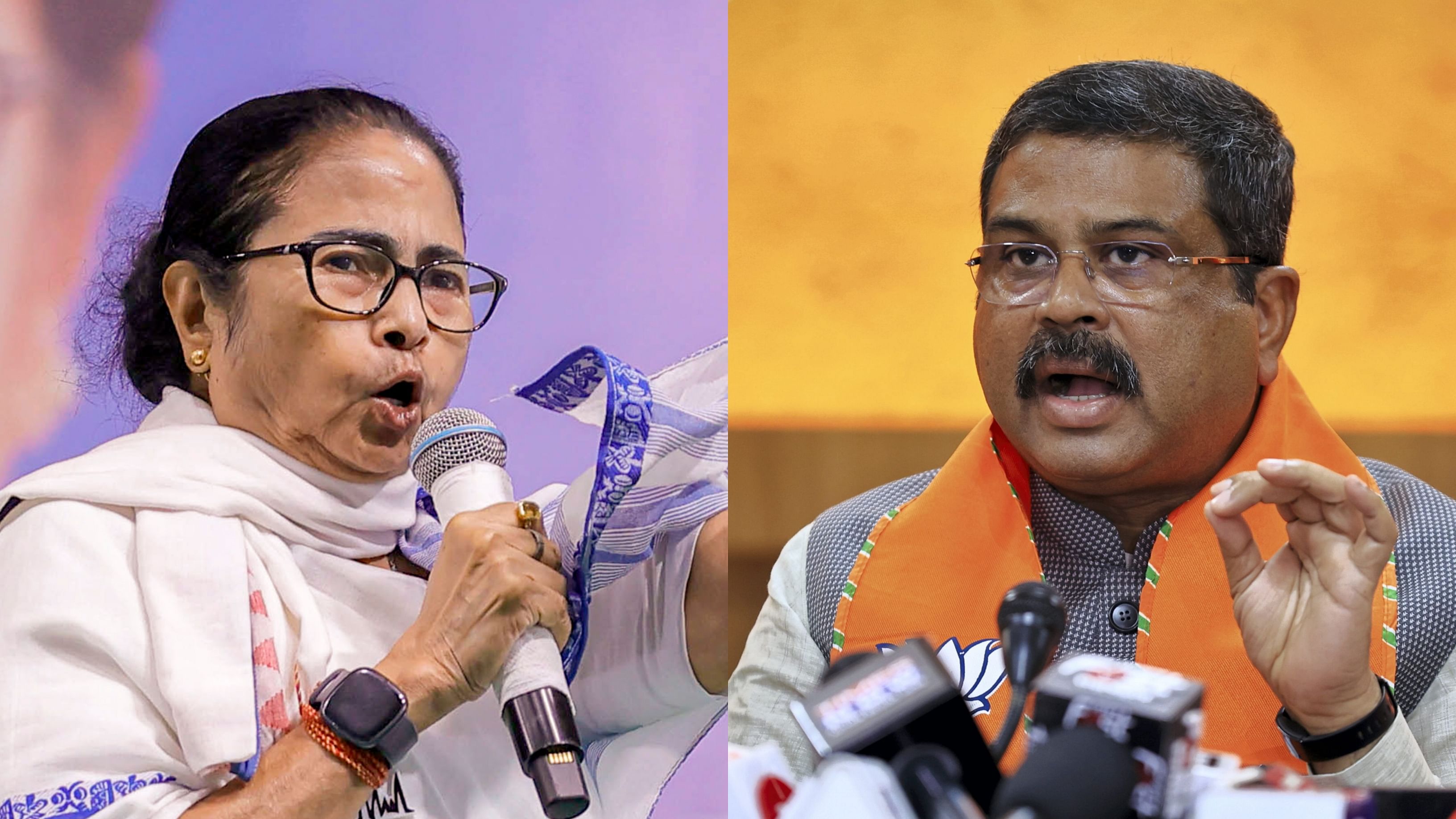 <div class="paragraphs"><p>West Bengal Chief Minister Mamata Banerjee (L) and Union Education Minister Dharmendra Pradhan (R).</p></div>