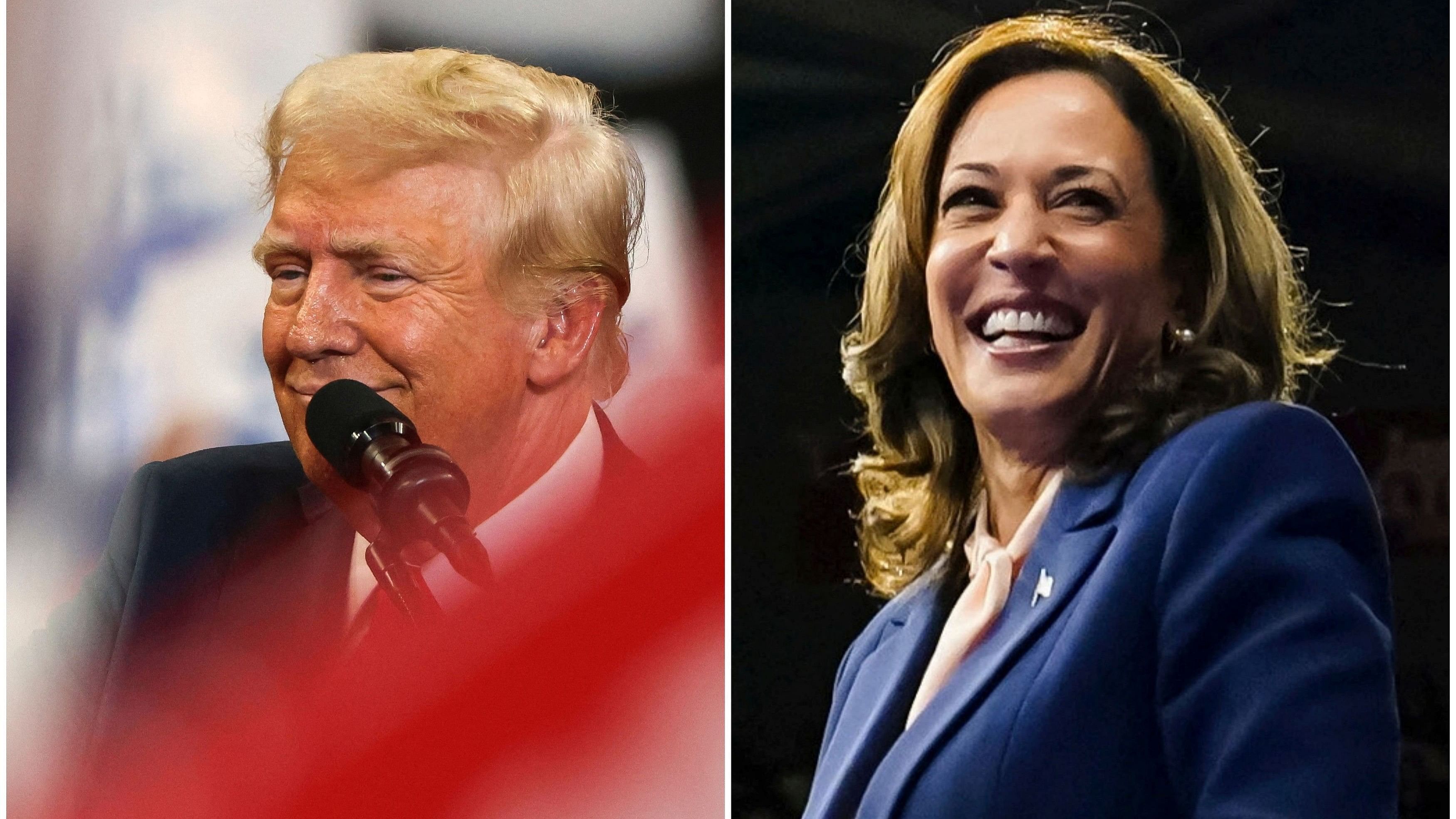 <div class="paragraphs"><p>A combination picture shows Republican presidential nominee and former US President Donald Trump reacting during a campaign rally held with Republican vice presidential nominee Senator J D Vance, in Atlanta, Georgia, US, August 3, 2024, and US Veep and Democratic presidential candidate Kamala Harris </p></div>