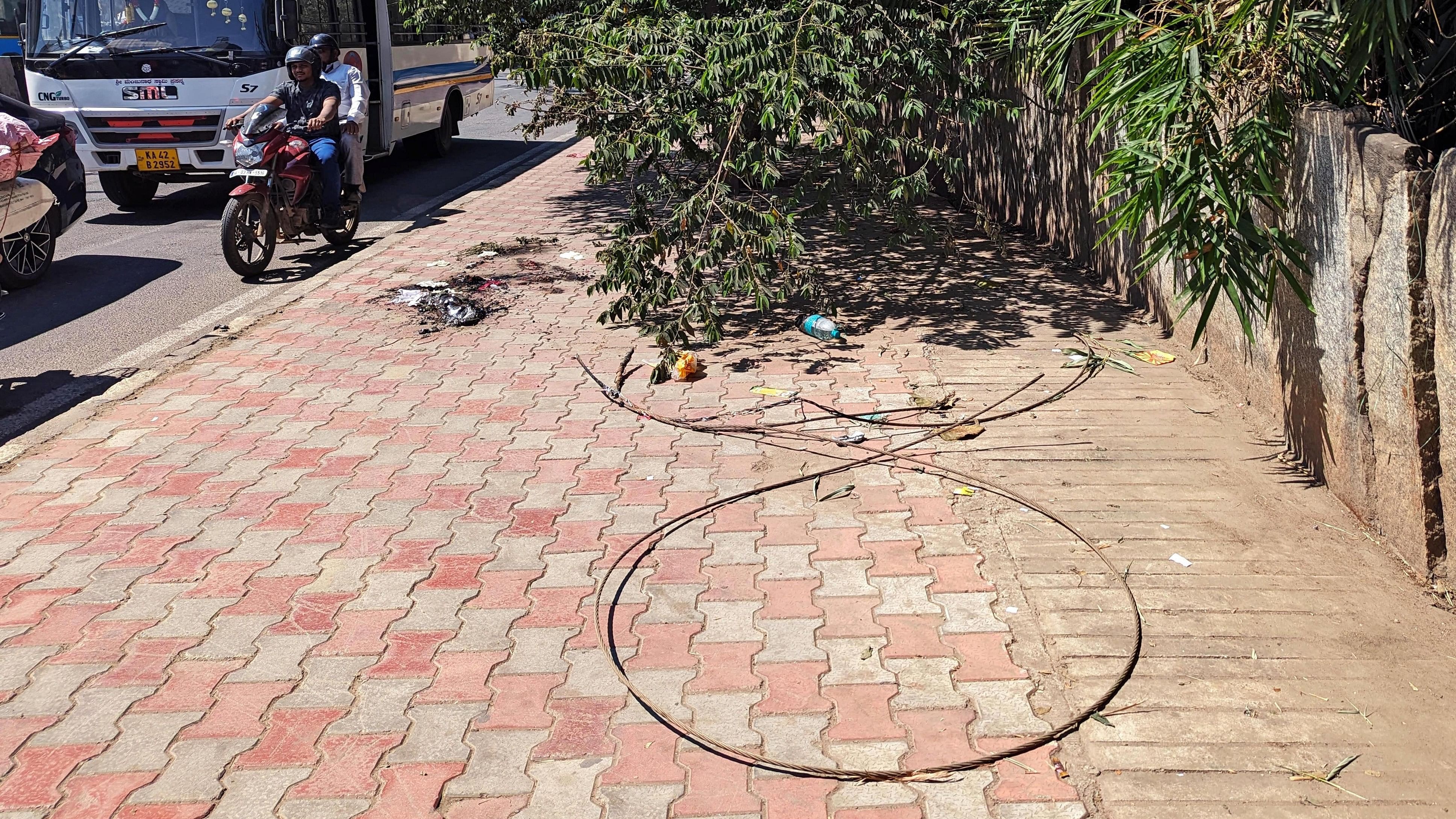 <div class="paragraphs"><p>The spot where a 23-year-old woman and her nine-month-old toddler died after the former stepped on a live electric wire in the early hours of Sunday near Hope Farm junction in Whitefield, Bengaluru. </p></div>