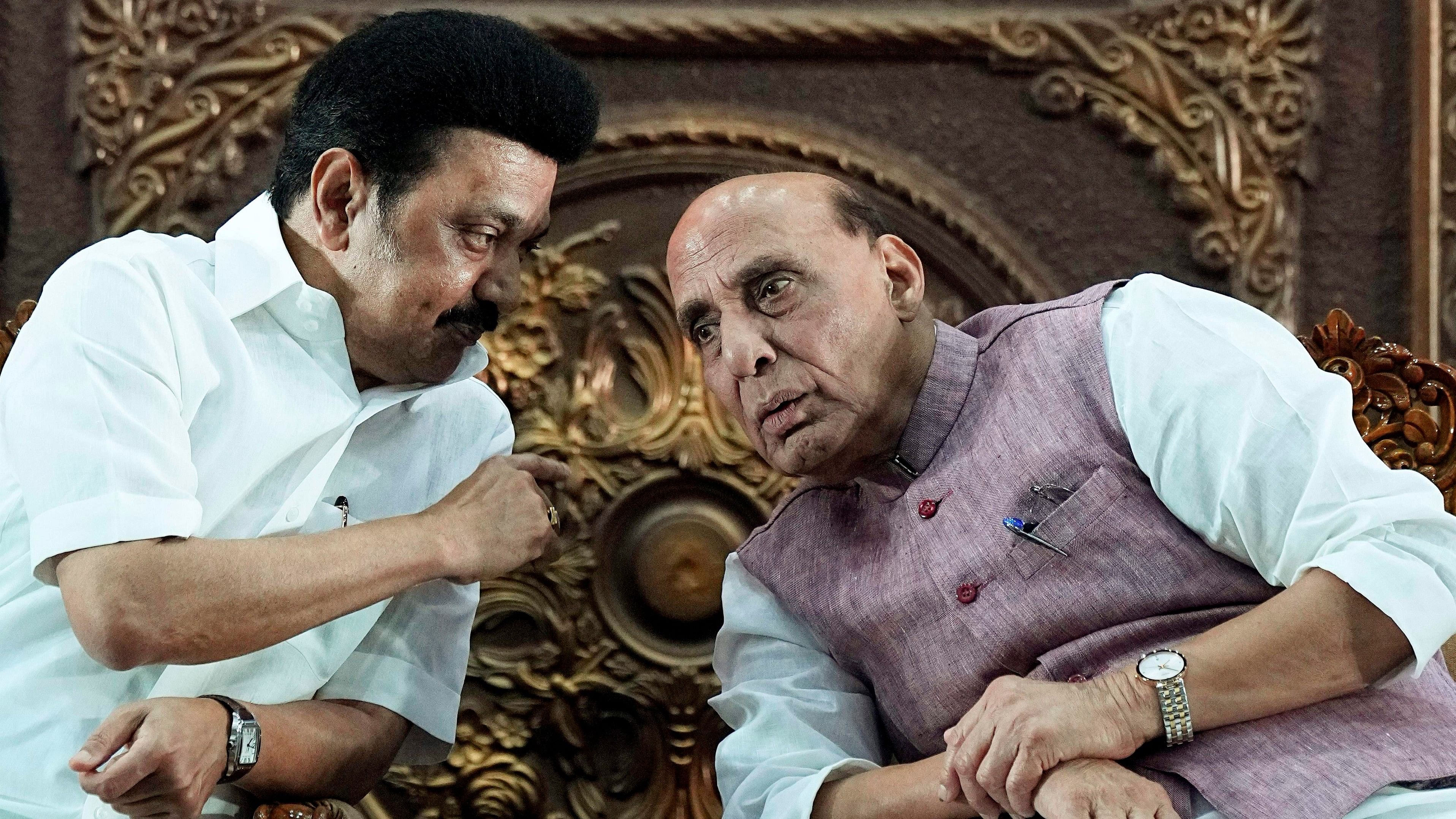 <div class="paragraphs"><p>Union Defence Minister Rajnath Singh and Tamil Nadu Chief Minister MK Stalin during the release of a commemorative coin on late DMK leader and former Tamil Nadu Chief Minister M Karunanidhis birth centenary year, in Chennai, Sunday.&nbsp;</p></div>