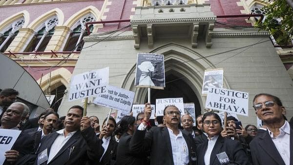 <div class="paragraphs"><p>Lawyers of Calcutta High Court stage a protest against sexual assault and murder of a postgraduate trainee doctor, in Kolkata, Monday, August 19, 2024.</p></div>