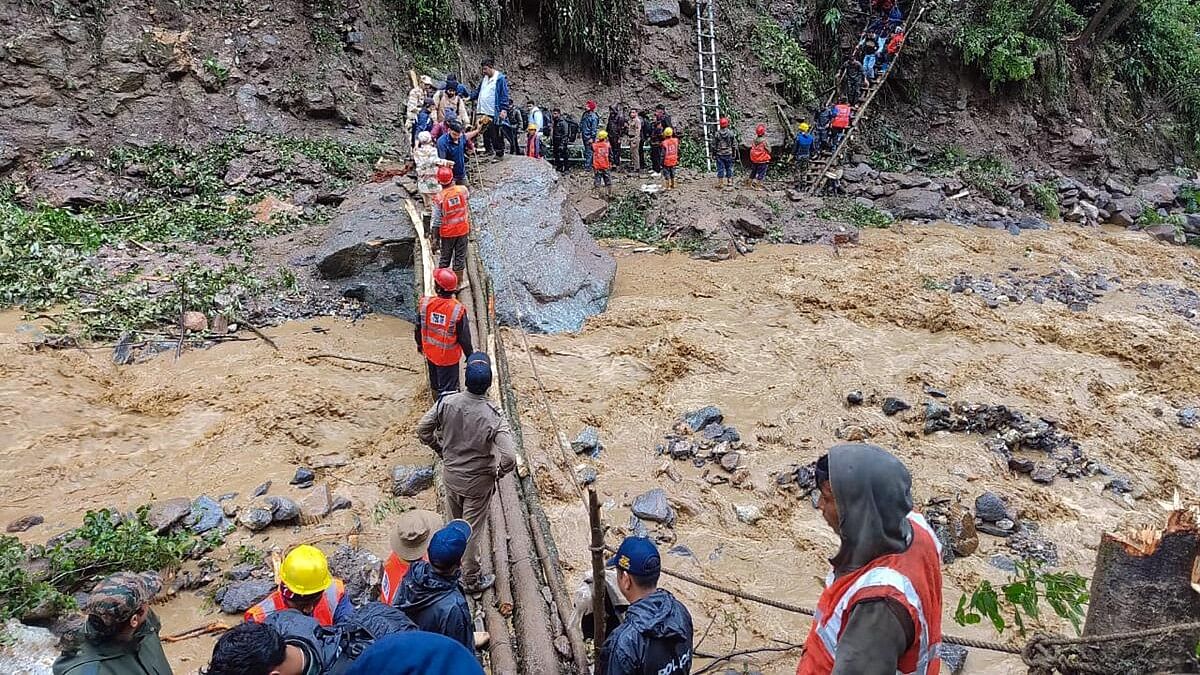 <div class="paragraphs"><p>Indian Army personnel during a rescue operation after a chunk of road washed away due to heavy rains and landslides that left at least 2400 stranded, in Chungthang, Sikkim</p></div>