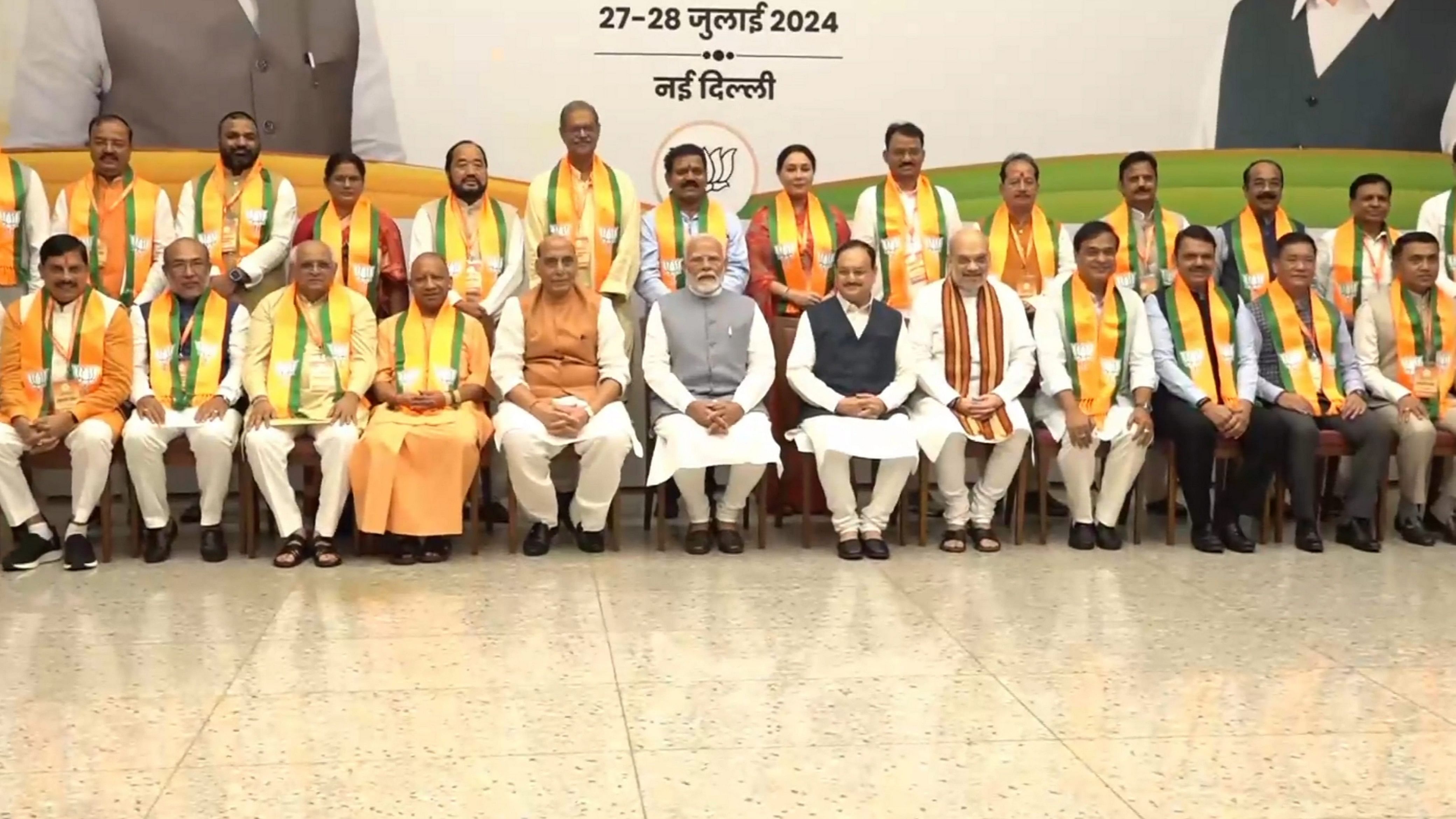 <div class="paragraphs"><p>Prime Minister Narendra Modi with Defence Minister Rajnath Singh, Union Home Minister Amit Shah, Union Minister and BJP National President J P Nadda and others during a meeting with Chief Ministers of the NDA-ruled states at BJP headquarters, in New Delhi, Sunday, July 28, 2024. </p></div>