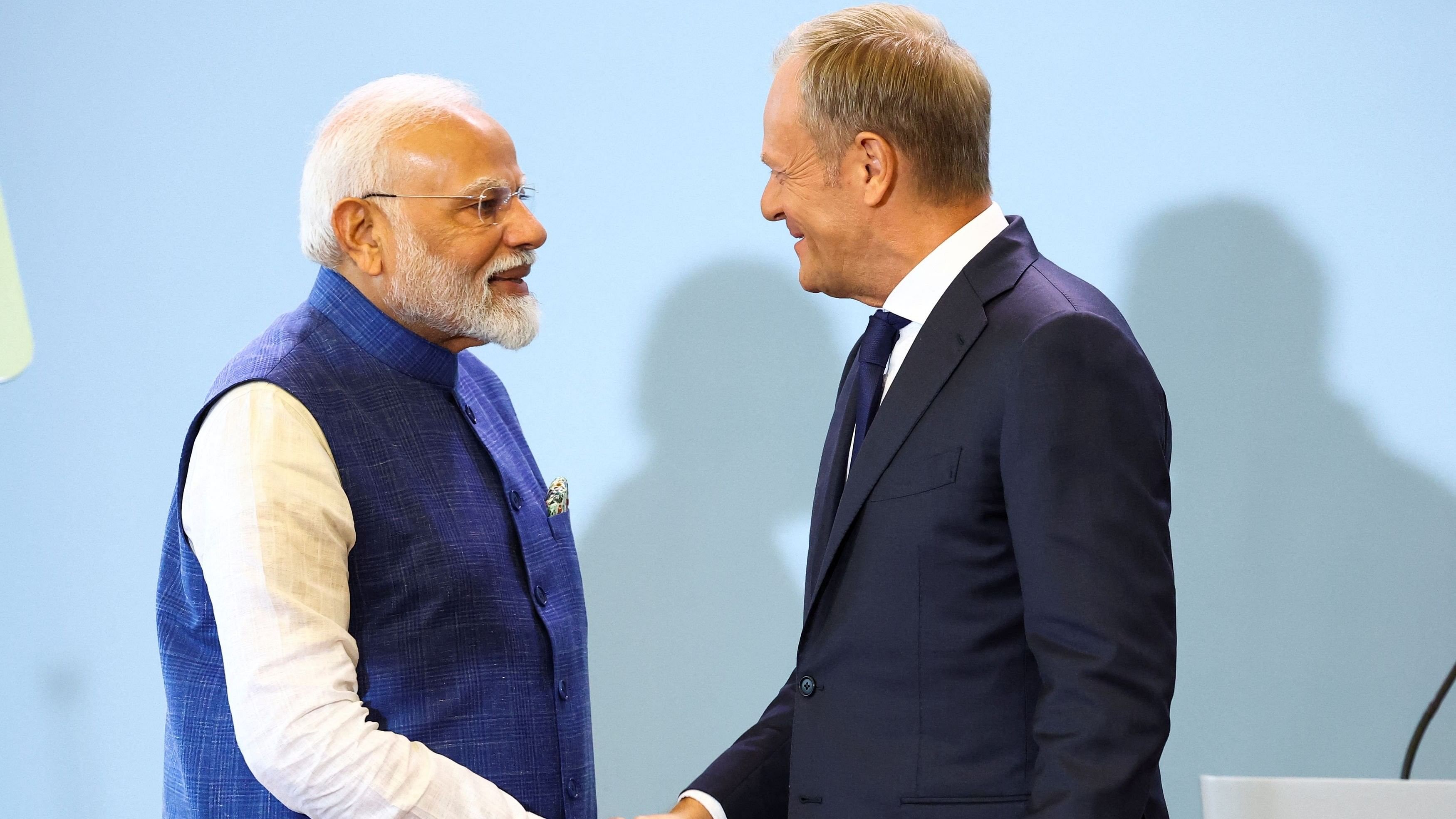 <div class="paragraphs"><p>Polish Prime Minister Donald Tusk and Indian Prime Minister Narendra Modi shake hands after a press conference at the Chancellery of the Prime Minister in Warsaw, Poland, August 22, 2024.</p></div>