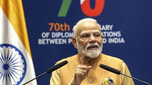 <div class="paragraphs"><p>Prime Minister Narendra Modi addresses members of the Indian community during a programme, in Warsaw, Poland.</p></div>