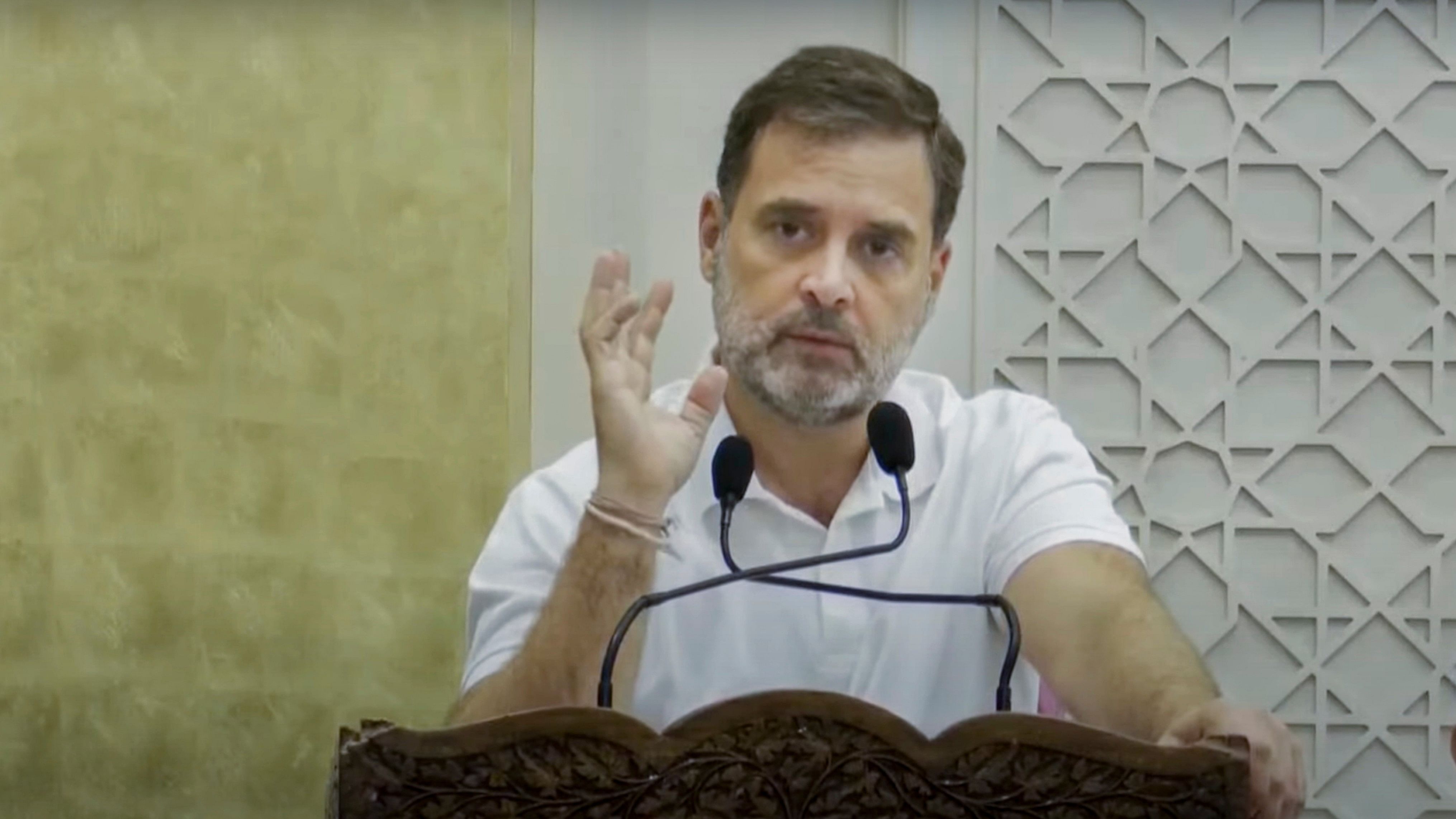 <div class="paragraphs"><p>Congress leader Rahul Gandhi speaks during the party workers' meeting, in Srinagar, Thursday, August 22, 2024.</p></div>