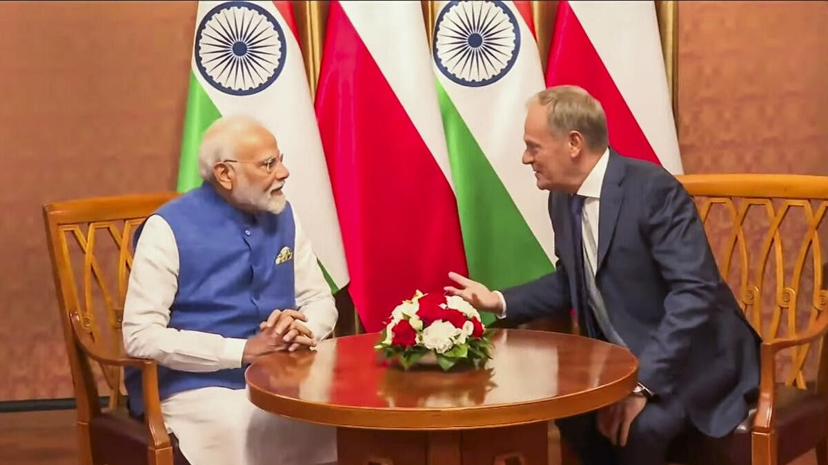 <div class="paragraphs"><p>Prime Minister Narendra Modi (left) with his Polish counterpart Donald Tusk during a meeting in Warsaw on Thursday, August 22.&nbsp;</p></div>