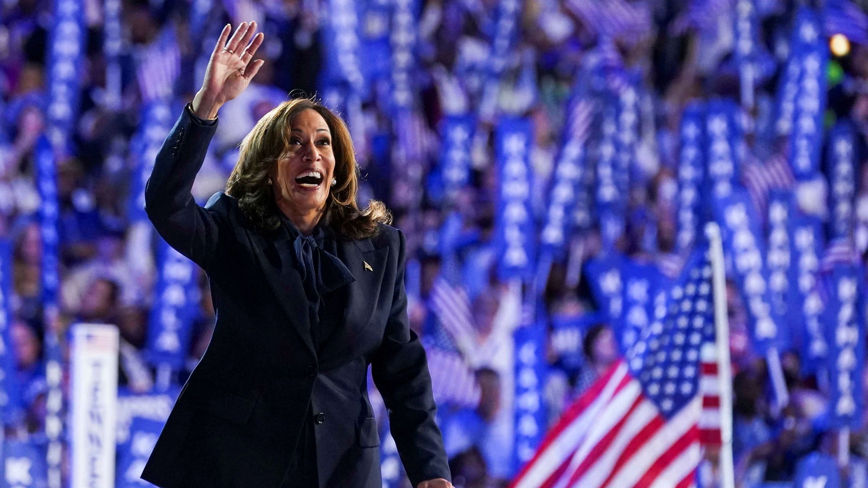 <div class="paragraphs"><p>Democratic presidential nominee and US Vice President Kamala Harris gestures at the Democratic National Convention  at the United Center in Chicago, Illinois, US, August 22, 2024. </p></div>