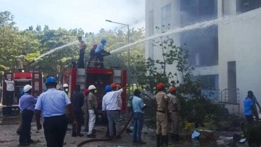 <div class="paragraphs"><p>Firefighters douse a fire which broke out following an explosion in a reactor pharma unit of pharmaceutical company Escientia, in Anakapalle, Andhra Pradesh.&nbsp;</p></div>