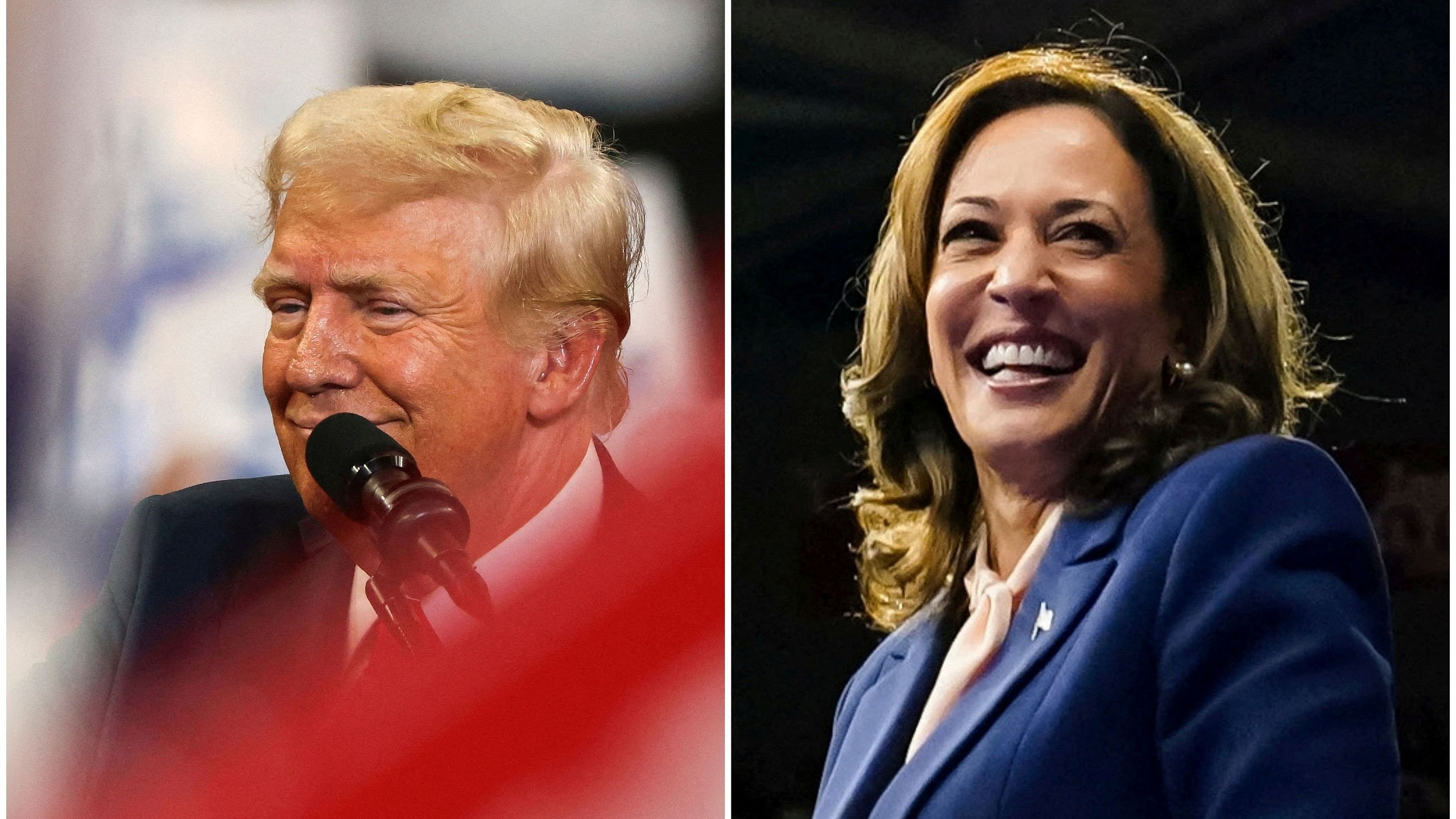 <div class="paragraphs"><p>A combination picture shows Republican presidential nominee and former US President Donald Trump reacting during a campaign rally, and US Vice President and Democratic presidential candidate Kamala Harris reacting as she holds a campaign rally.&nbsp;</p></div>