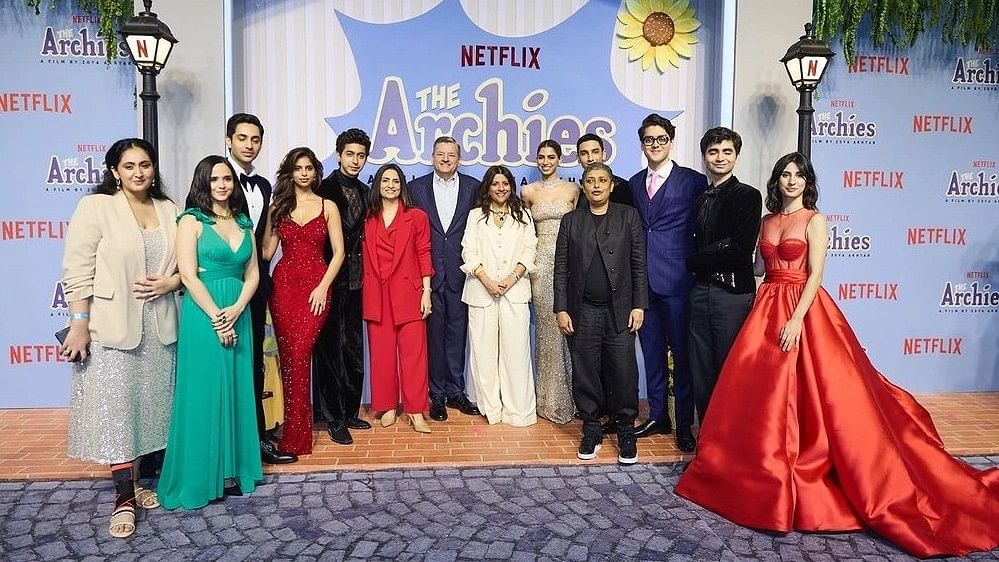 <div class="paragraphs"><p><em>The Archies </em>cast and crew pose for  photographs during the special screening of the film at the Nita Mukesh Ambani Cultural Centre (NMACC) in Mumbai.</p></div>