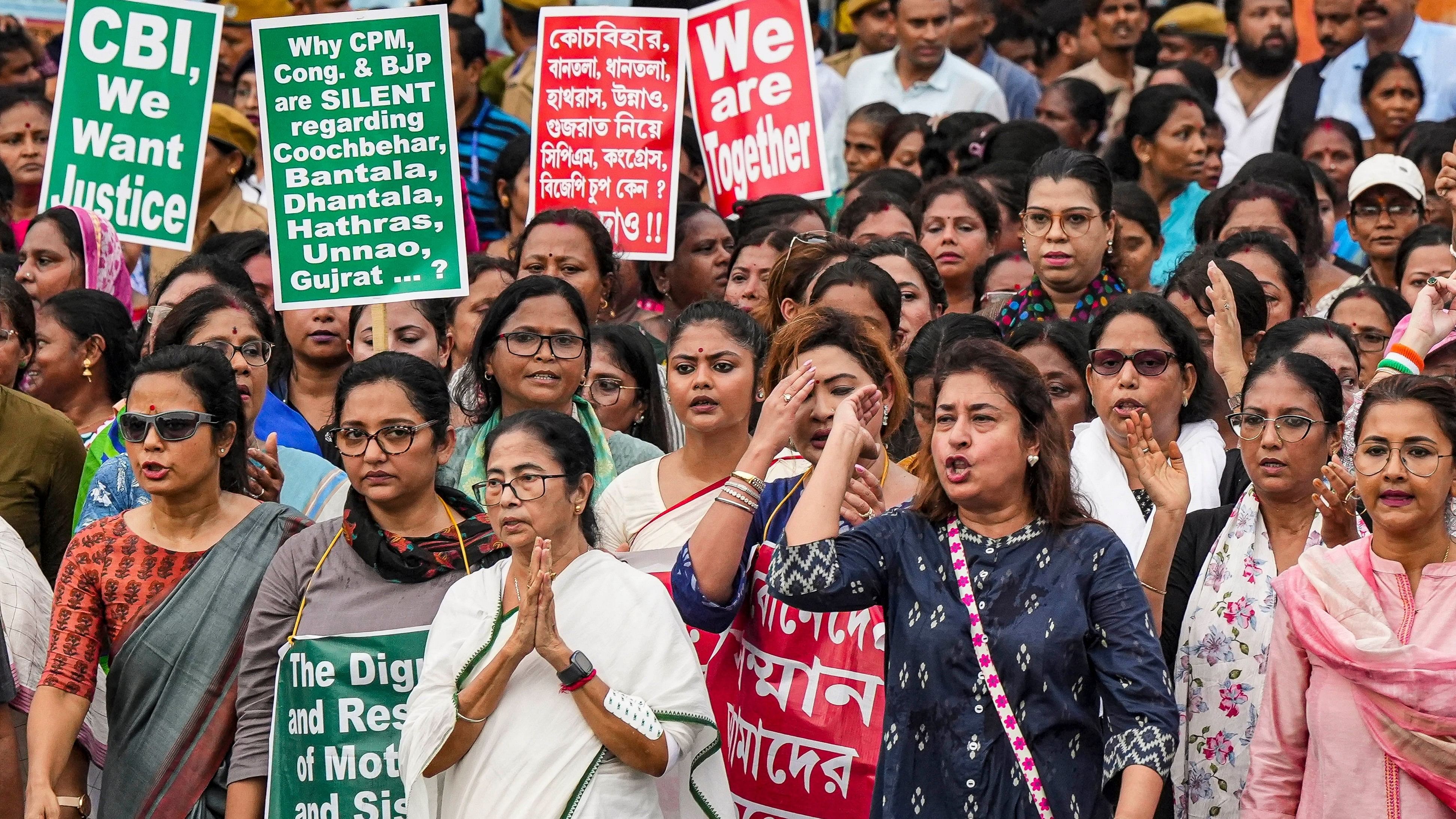 <div class="paragraphs"><p>West Bengal Chief Minister and TMC chief Mamata Banerjee along with party leaders and supporters takes part in a protest rally demanding justice for a woman doctor who was allegedly raped and murdered at R G Kar Medical College and Hospital, in Kolkata.</p></div>