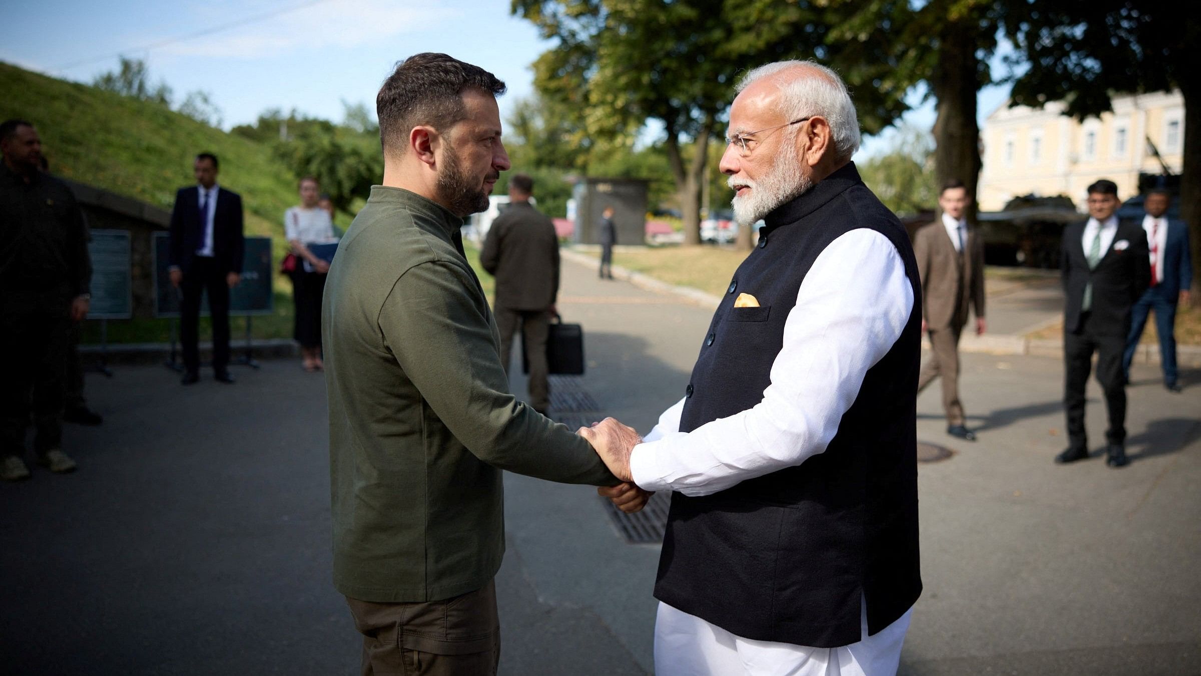 <div class="paragraphs"><p>Prime Minister Narendra Modi and Ukraine's President Volodymyr Zelenskyy shake hands before commemorating children killed during Russia's attack on Ukraine, in Kyiv, Ukraine August 23, 2024. </p></div>