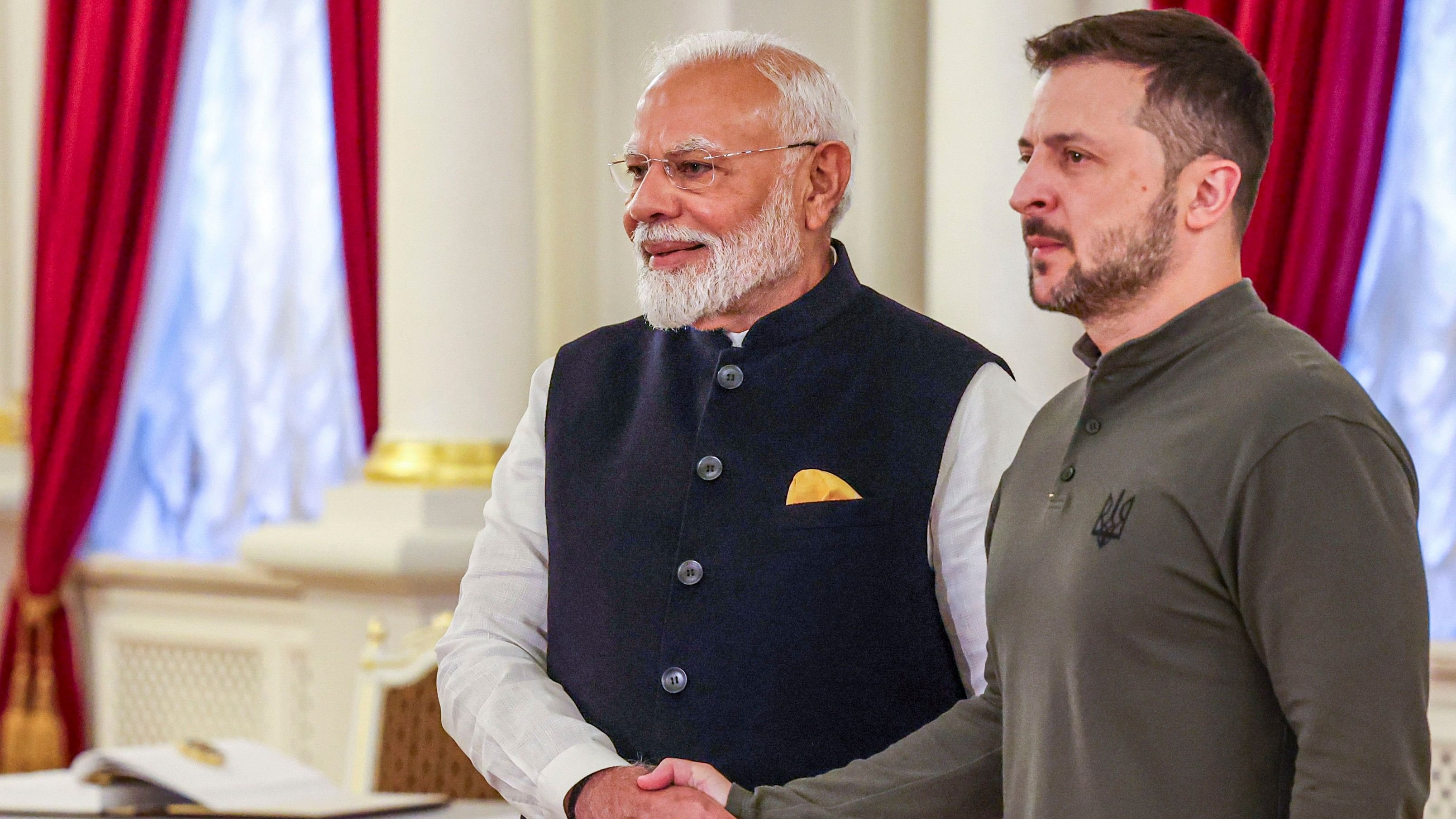 <div class="paragraphs"><p>Prime Minister Narendra Modi with Ukrainian President Volodymyr Zelenskyy during a meeting, at Mariinskyi Palace in Kyiv, Ukraine, Friday, Aug. 23, 2024. </p></div>