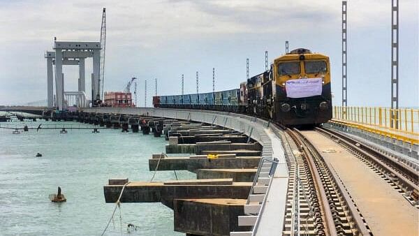 <div class="paragraphs"><p>A load deflection test being conducted at India’s First Vertical Lift Railway Sea Bridge, the New Pamban Bridge, at Rameswaram, in Ramanathapuram district. </p></div>