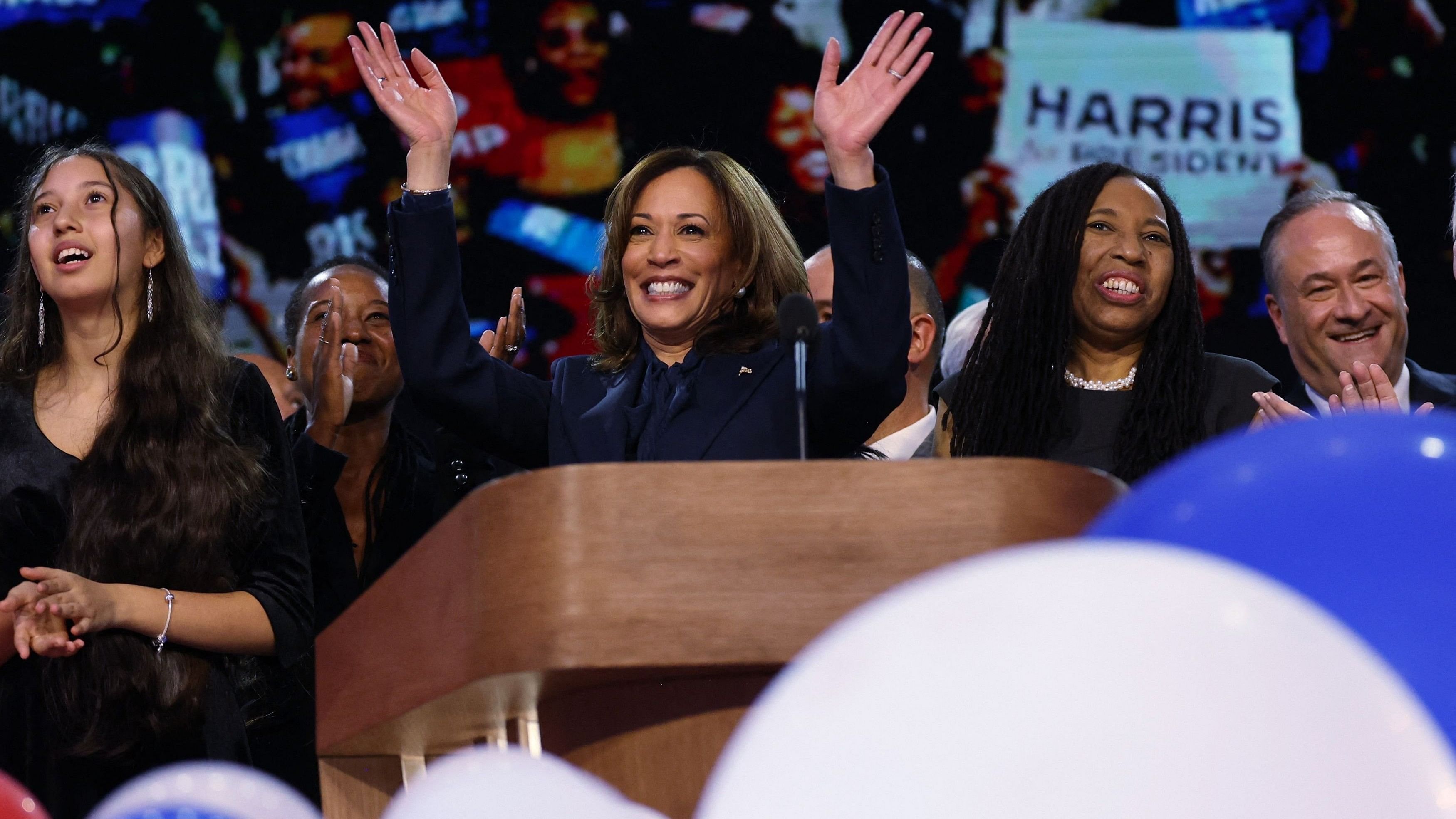 <div class="paragraphs"><p>Democratic presidential nominee and US Vice President Kamala Harris waves from the stage on Day 4 of the Democratic National Convention  at the United Center in Chicago.&nbsp;</p></div>