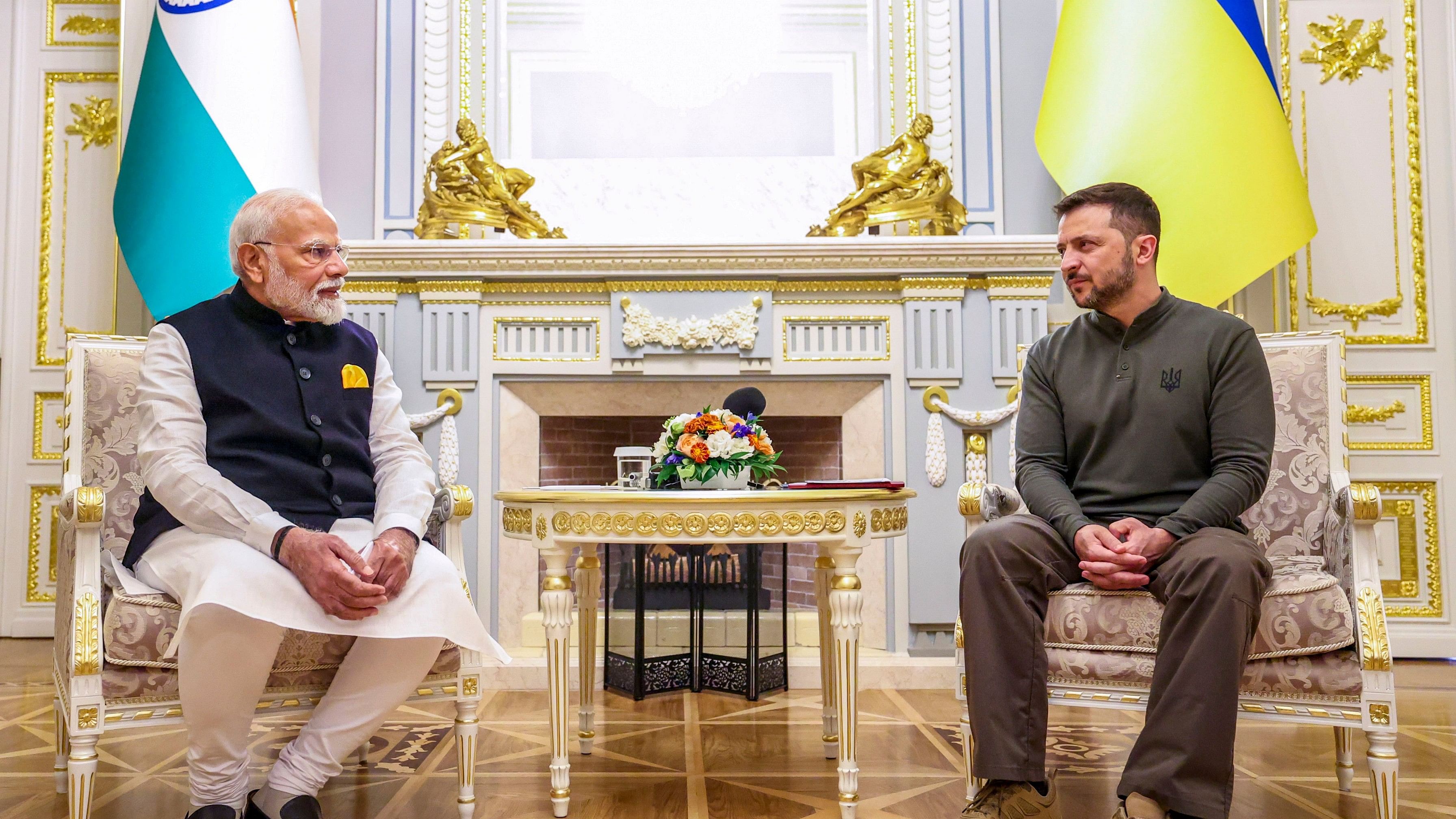 <div class="paragraphs"><p>Prime Minister Narendra Modi during a meeting with Ukrainian President Volodymyr Zelenskyy, at Mariinskyi Palace in Kyiv, Ukraine, Friday, Aug. 23, 2024. </p></div>