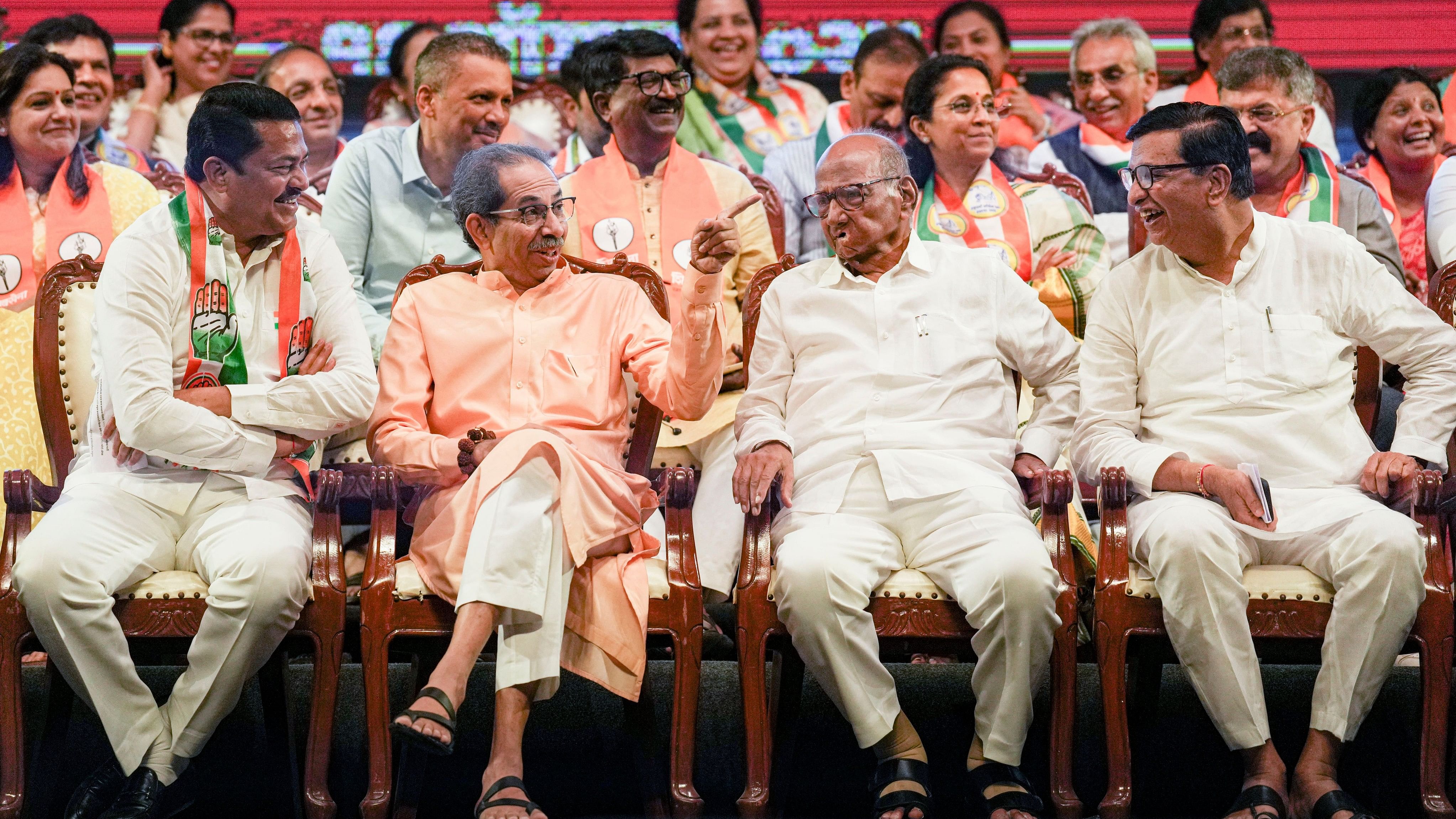 <div class="paragraphs"><p>Maharashtra Congress chief Nana Patole, Shiv Sena (UBT) chief Uddhav Thackeray, NCP (SP) chief Sharad Pawar and Congress leader Balasaheb Thorat during the gathering of Maha Vikas Aghadi (MVA) workers.&nbsp;</p></div>