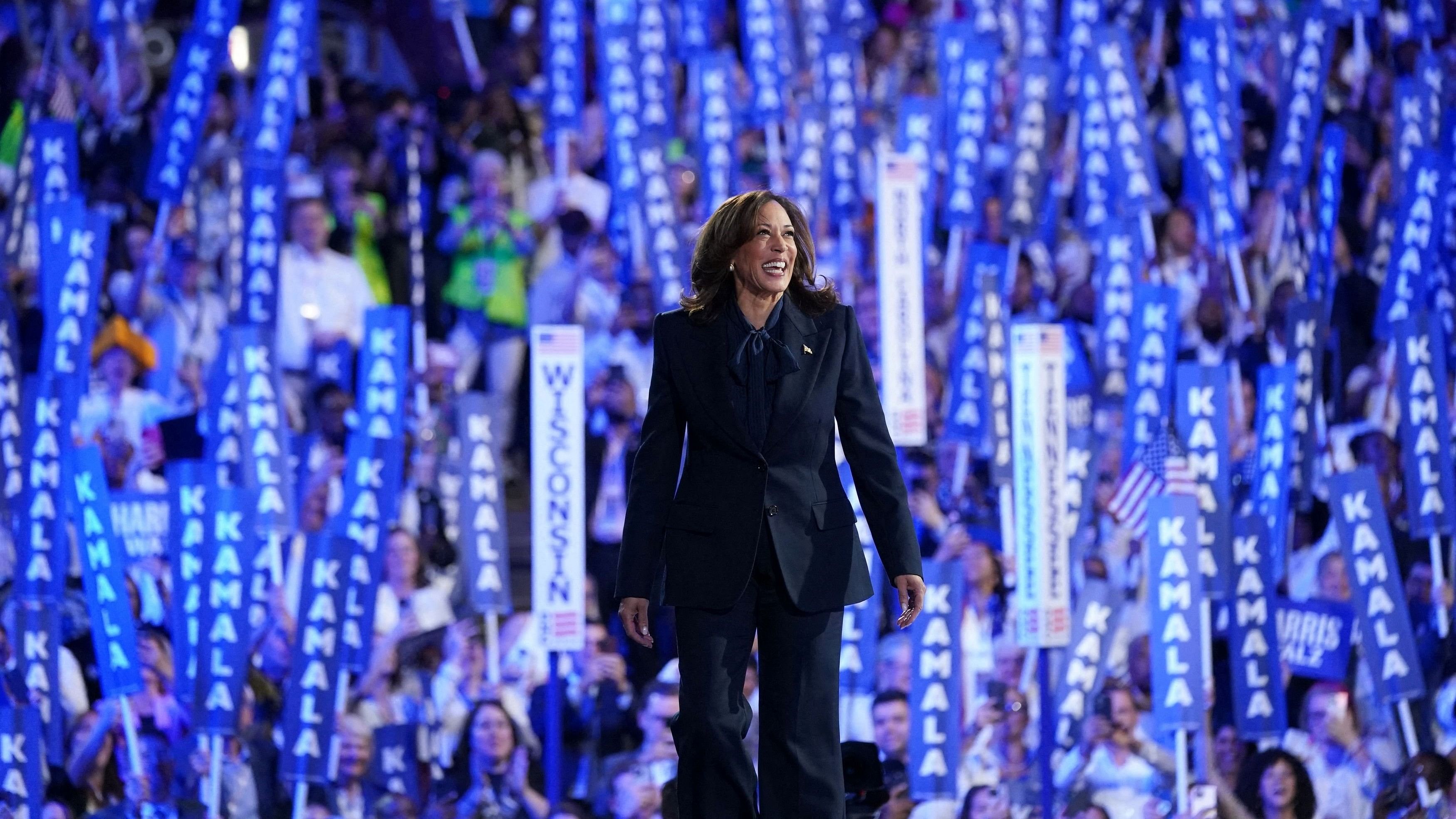 <div class="paragraphs"><p>Democratic presidential nominee and US Vice President Kamala Harris takes the stage on Day 4 of the Democratic National Convention  at the United Center in Chicago.&nbsp;</p></div>