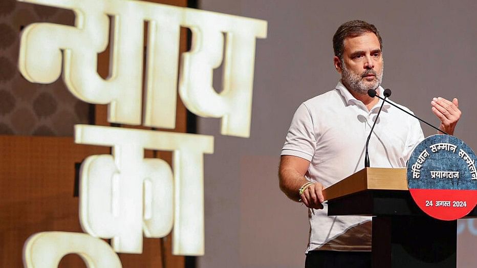 <div class="paragraphs"><p>LoP in Lok Sabha and Congress MP Rahul Gandhi addresses a gathering during the 'Samvidhan Samman Sammelan', in Prayagraj.</p></div>