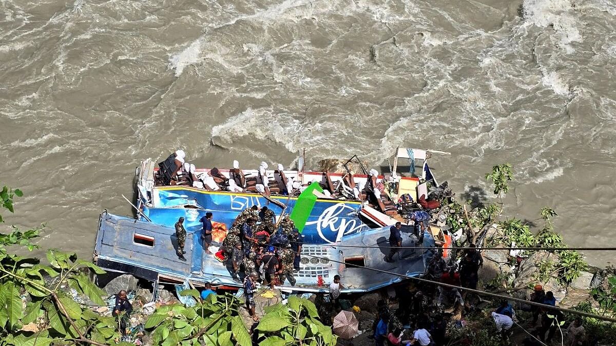 <div class="paragraphs"><p>Security force personnel work to rescue injured passengers after a bus carrying Indian passengers traveling to Kathmandu from Pokhara plunged into a river in Tanahun District, Gandaki Province, Nepal.</p></div>