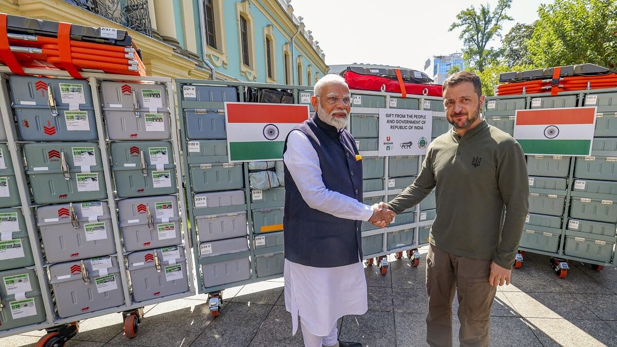 <div class="paragraphs"><p>Prime Minister Narendra Modi with Ukrainian President Volodymyr Zelenskyy during presentation of BHISHM cube to Ukraine, in Kyiv, Friday, Aug. 23, 2024. </p></div>