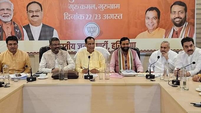 <div class="paragraphs"><p>Hrayana CM Nayab Singh Saini, state chief Mohan Lal Badoli and other state BJP leaders in Gurugram.&nbsp;</p></div>