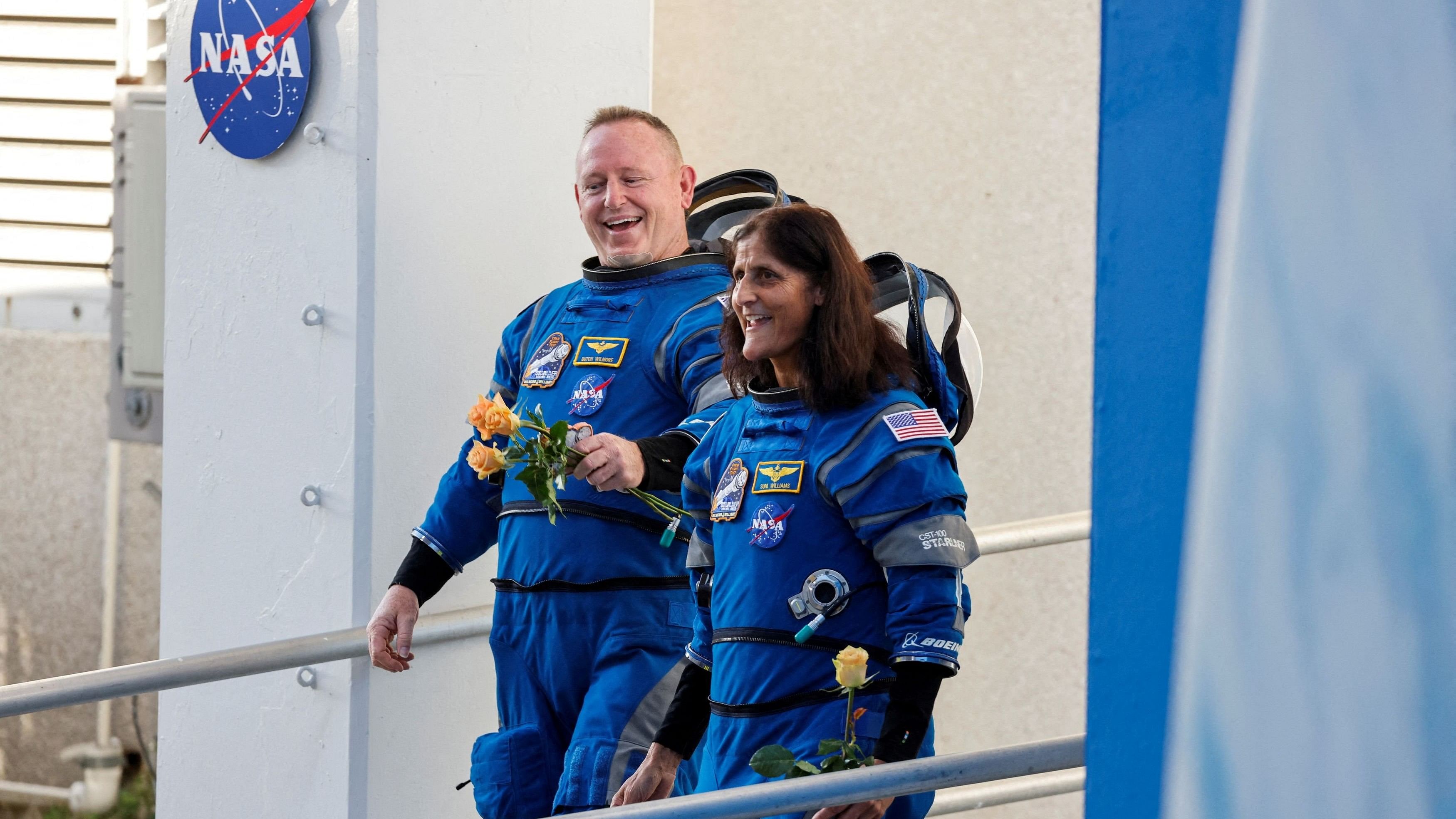 <div class="paragraphs"><p> NASA astronauts Butch Wilmore and Sunita Williams walk at NASA's Kennedy Space Center, ahead of Boeing's Starliner-1 Crew Flight Test  mission</p></div>