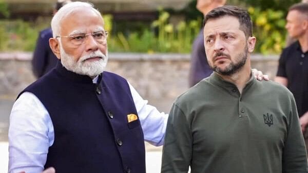 <div class="paragraphs"><p>Prime Minister Narendra Modi with the Ukrainian President Volodymyr Zelenskyy during a visit to ‘Martyrologist’ Exposition to honour the memory of children, in Kyiv, Ukraine, Friday, Aug. 23, 2024. </p></div>