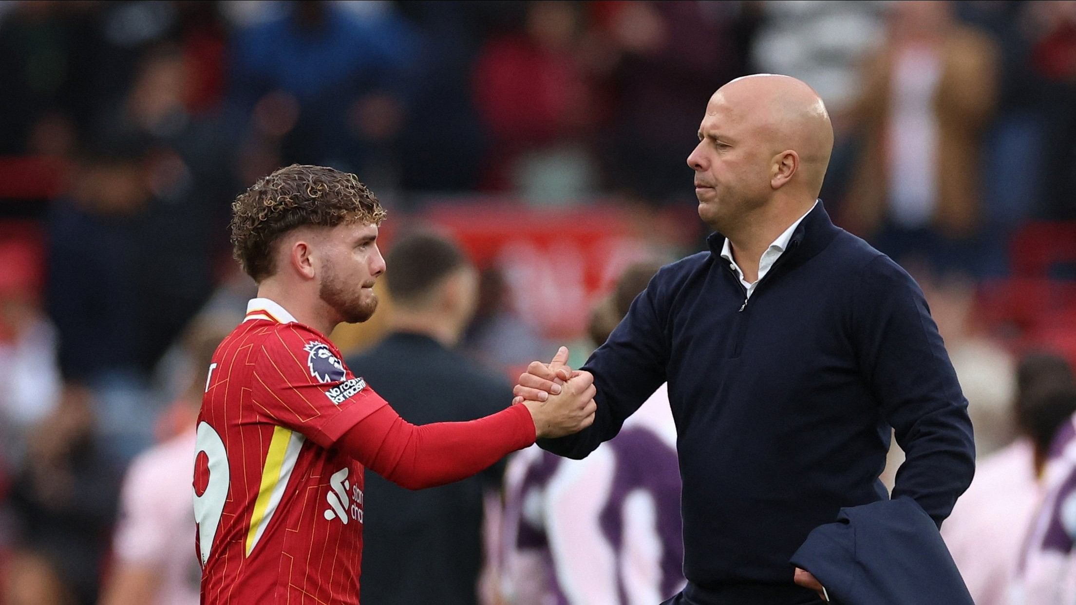 <div class="paragraphs"><p> Liverpool's Harvey Elliott shakes hands with manager Arne Slot after the match </p></div>