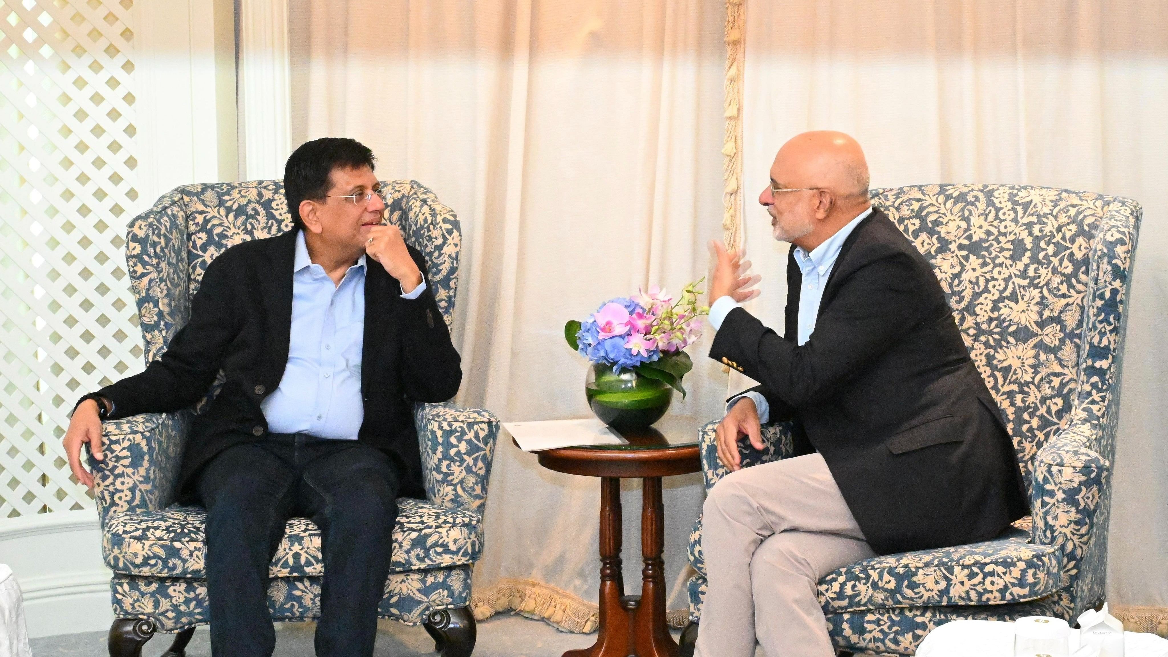 <div class="paragraphs"><p>Union Minister Piyush Goyal meets Piyush Gupta, CEO and Director of DBS Group in Singapore. </p><p></p></div>