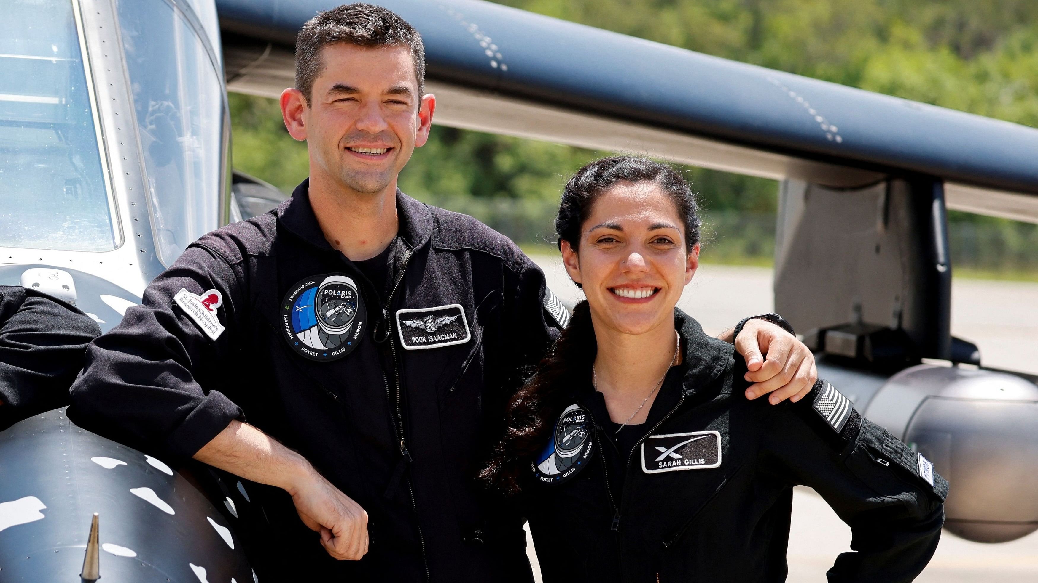 <div class="paragraphs"><p>File photo of the crew members of Polaris Dawn, a private human spaceflight mission Commander, Jared Isaacman (L) and Sarah Gillis, who are both expected to attempt the first commercial spacewalk. Launch aboard a SpaceX Falcon 9 is scheduled for August 26. </p></div>