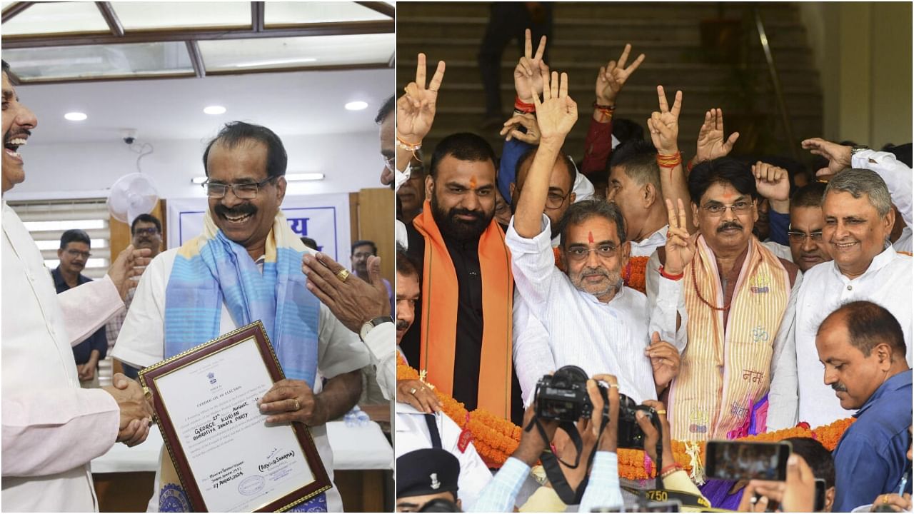 <div class="paragraphs"><p> George Kurian being greeted by Madhya Pradesh Chief Minister Mohan Yadav and BJP State President VD Sharma after he was elected as Rajya Sabha member(L), Bihar Deputy Chief Minister Samrat Chaudhary with NDA candidates Upendar Kushwaha and Manan Kumar Mishra flash victory sign after the Rajya Sabha result.&nbsp;</p></div>