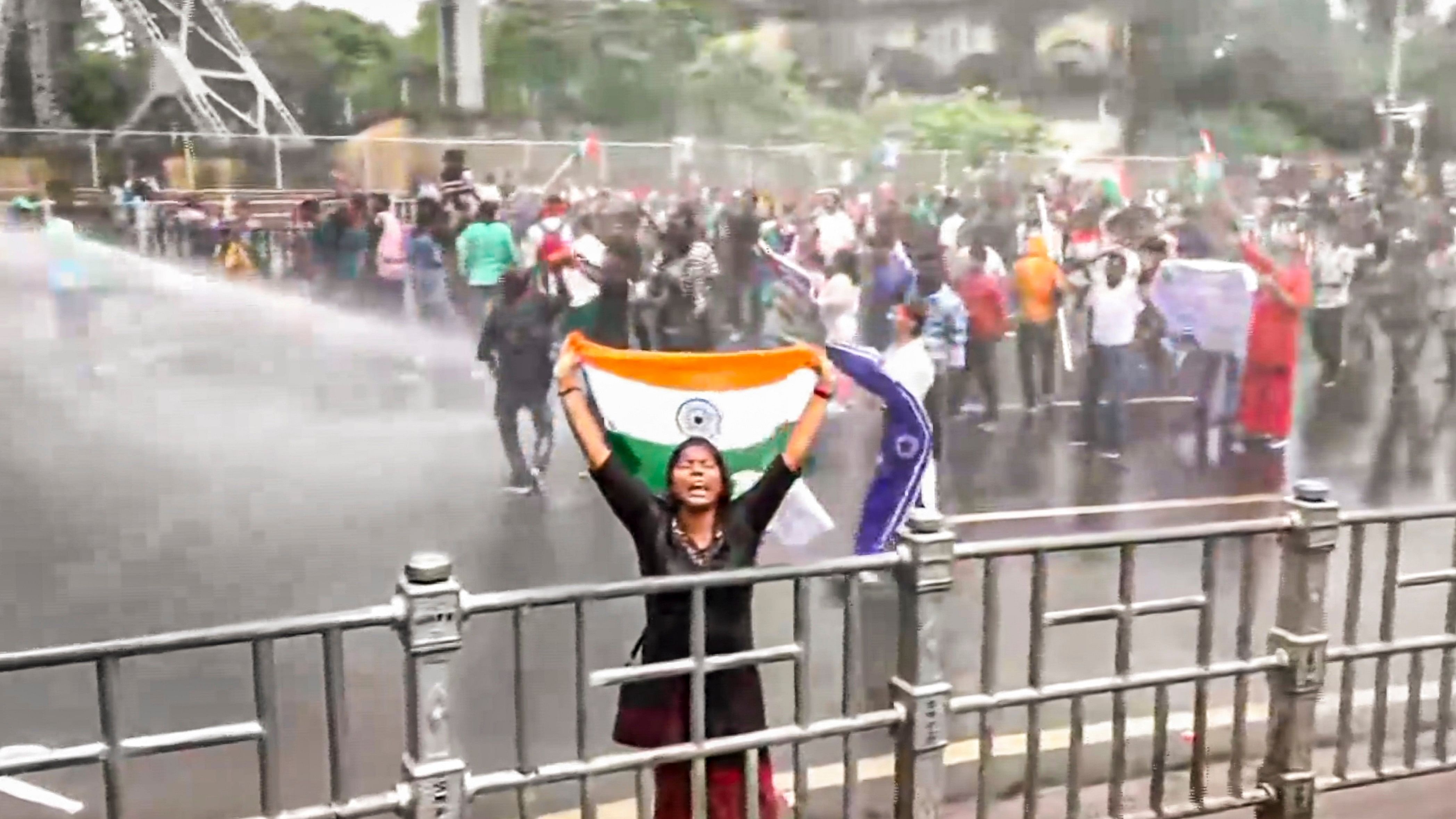 <div class="paragraphs"><p> A water cannon being used by security personnel to disperse agitators during the 'Nabanna Abhijan' rally called by Paschim Banga Chhatra Samaj, a students' organisation, to protest against the alleged sexual assault and murder of a trainee doctor, on Tuesday, August 27, 2024. </p></div>