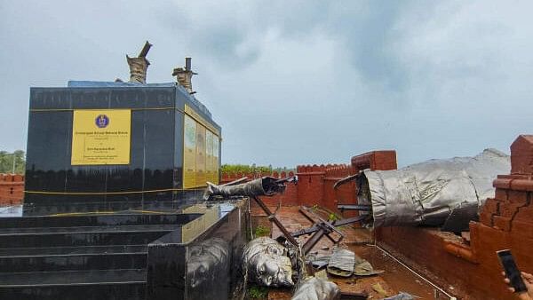 <div class="paragraphs"><p>A statue of Chhatrapati Shivaji Maharaj, erected by the Navy and inaugurated by Prime Minister Narendra Modi last year, collapses at Rajkot Fort, in Malvan.&nbsp;</p></div>