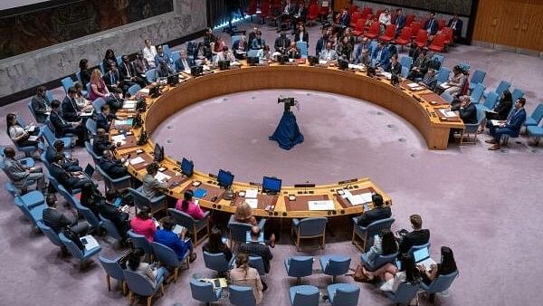 <div class="paragraphs"><p>Members of the United Nations Security Council gather for a meeting about the ongoing cross-border hostilities between Hezbollah and Israeli forces, at the UN headquarters in New York City, US, August 28, 2024. </p></div>