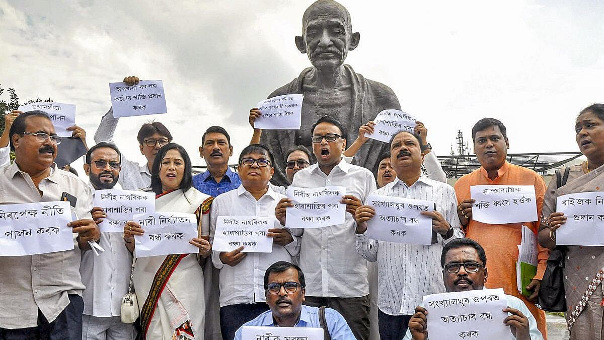 <div class="paragraphs"><p>Congress legislators stage a protest during the ongoing Autumn session of the Assam Legislative Assembly, in Guwahati.&nbsp;</p></div>