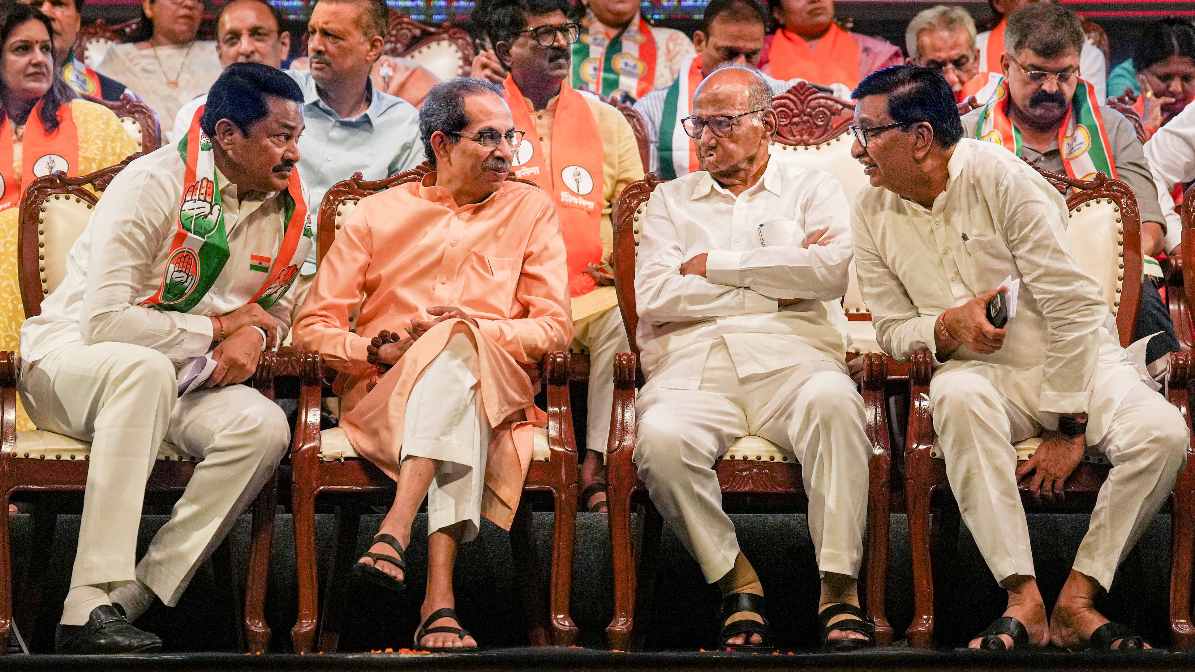 <div class="paragraphs"><p>Maharashtra Congress chief Nana Patole, Shiv Sena (UBT) chief Uddhav Thackeray, NCP (SP) chief Sharad Pawar and Congress leader Balasaheb Thorat during the gathering of Maha Vikas Aghadi (MVA) workers and office-bearers</p></div>