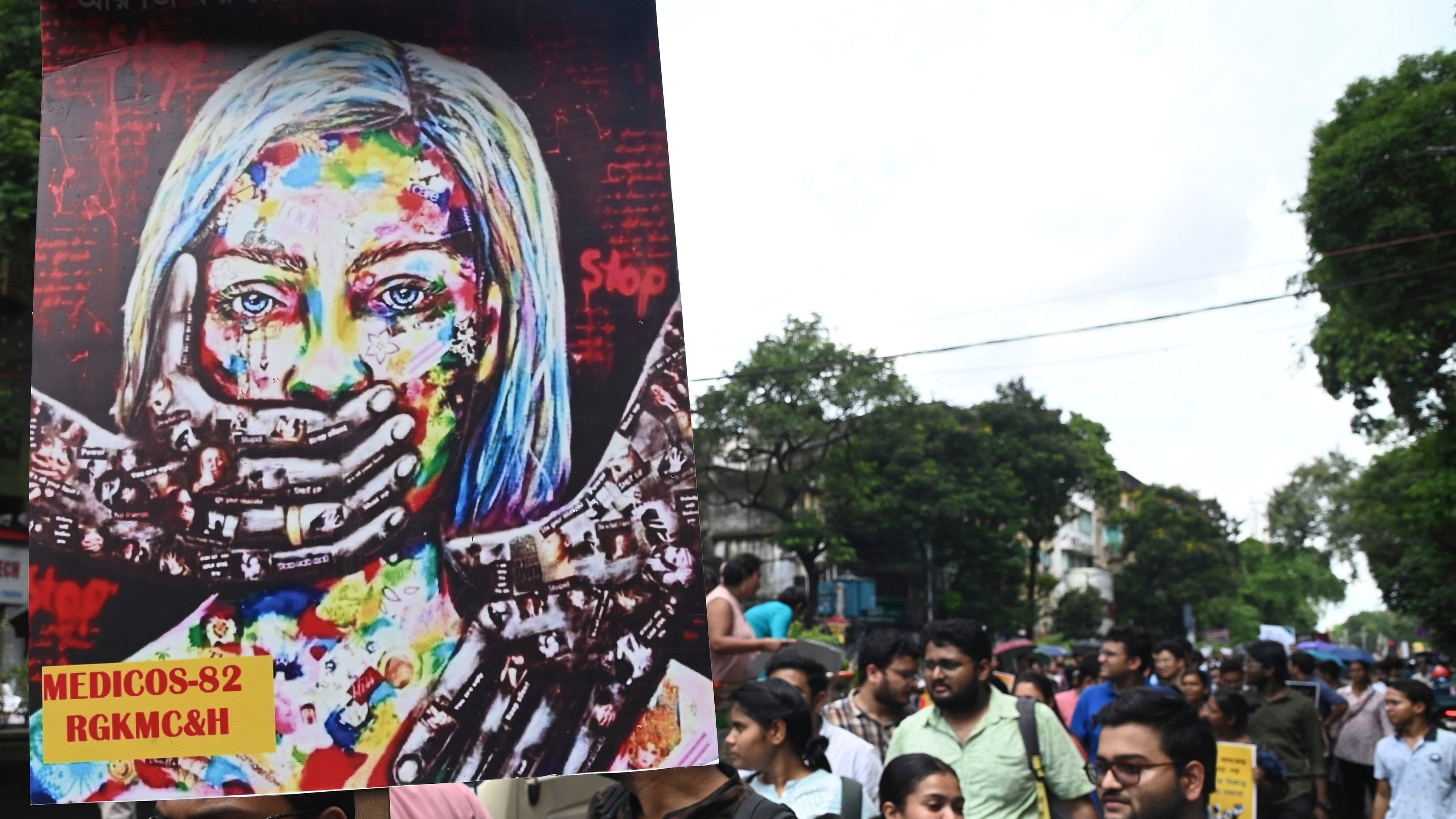 <div class="paragraphs"><p>Junior doctors take part in a protest rally against the alleged sexual assault and murder of a postgraduate trainee doctor at R G Kar Medical College and Hospital, in Kolkata.</p></div>