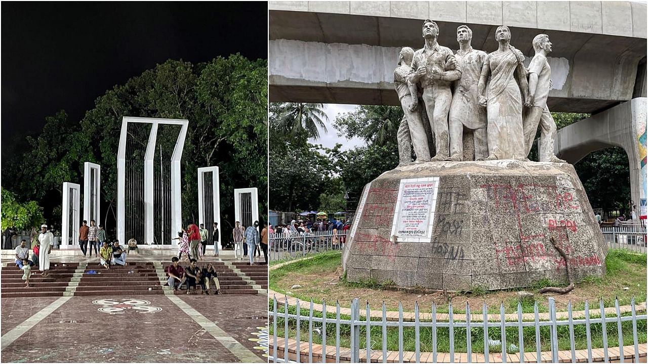 <div class="paragraphs"><p>'Shaheed Minar', one of the most celebrated memorials in Bangladesh built to commemorate the Bengali language movement (L) and the iconic 'Anti Terrorism Raju Memorial Sculpture', in Dhaka.</p></div>