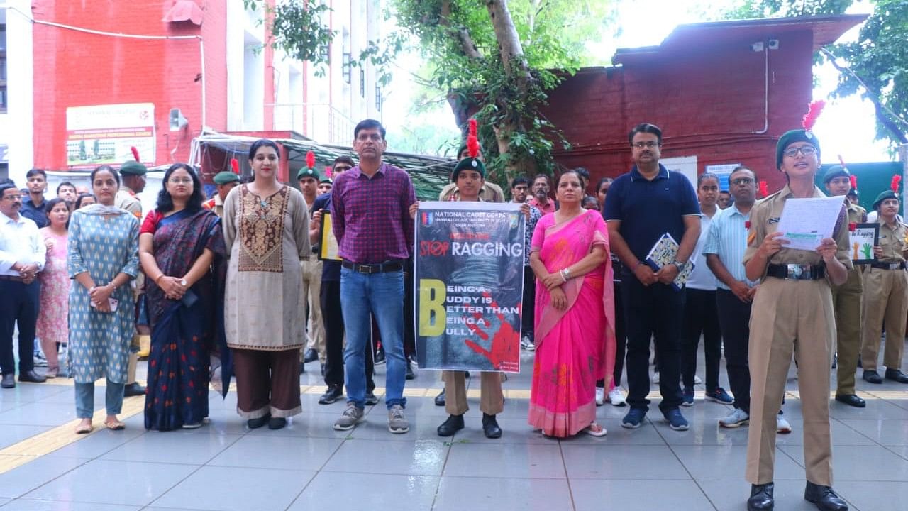 <div class="paragraphs"><p>An anti-ragging poster displayed during the orientation programme for freshers for the academic session 2024-25 at Hansraj College, University of Delhi.</p></div>