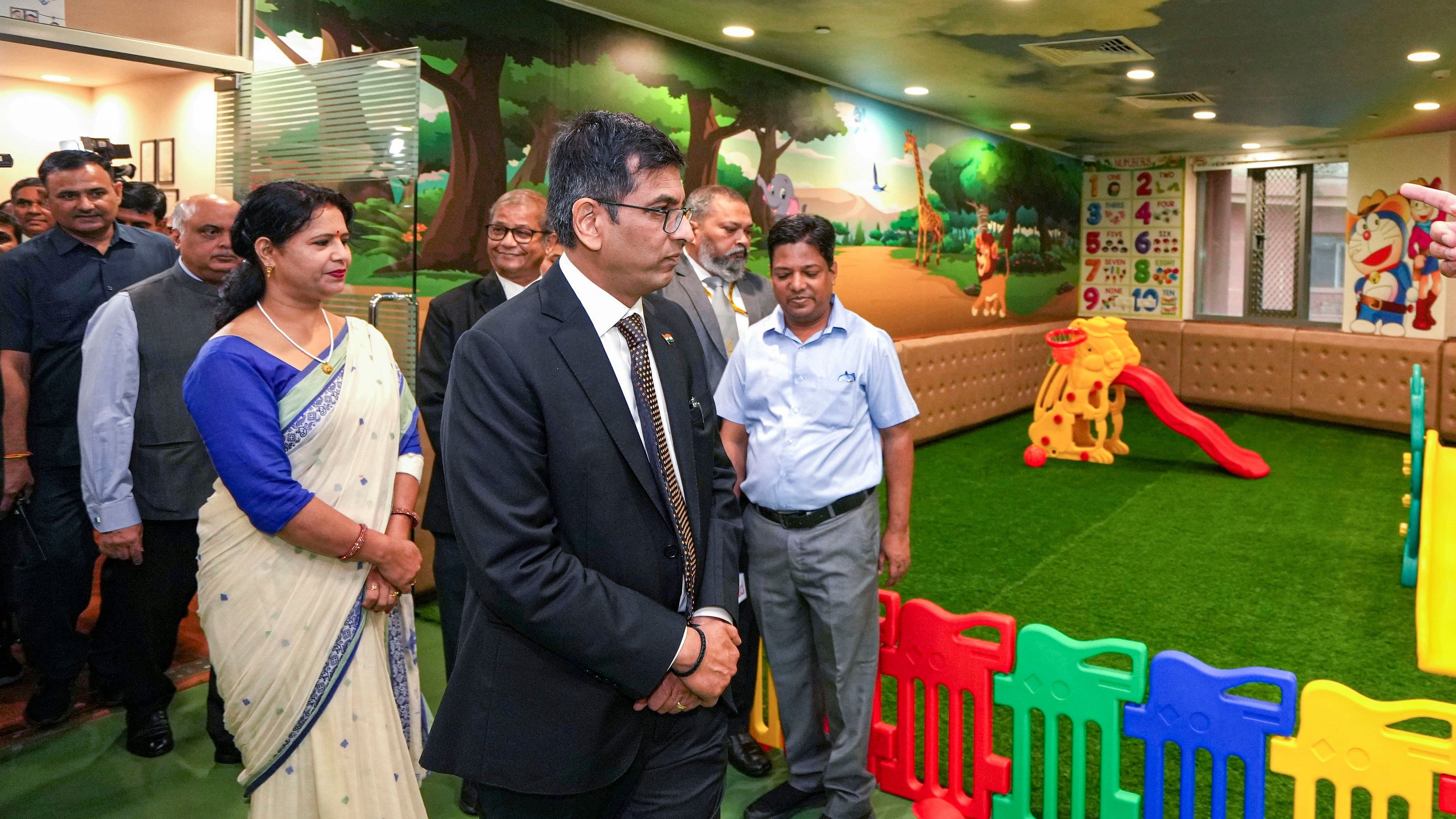 <div class="paragraphs"><p>Chief Justice DY Chandrachud during inauguration of a creche at the Supreme Court premises in New Delhi</p></div>