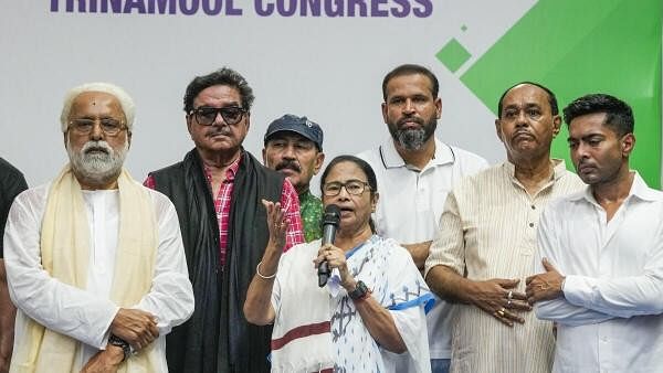 <div class="paragraphs"><p>West Bengal CM and TMC Supremo Mamata Banerjee with her party's General Secretary and MP Abhishek Banerjee, newly elected party MPs Shatrughan Sinha, Yusuf Pathan and others, in Kolkata.</p></div>