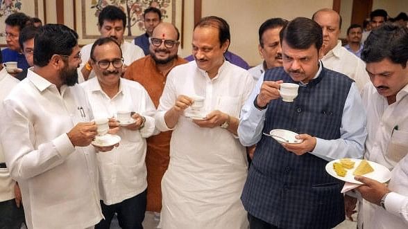 <div class="paragraphs"><p>Eknath Shinde is seen on the extreme left in this photo, with Ajit Pawar and Devendra Fadnavis standing second from the right</p></div>