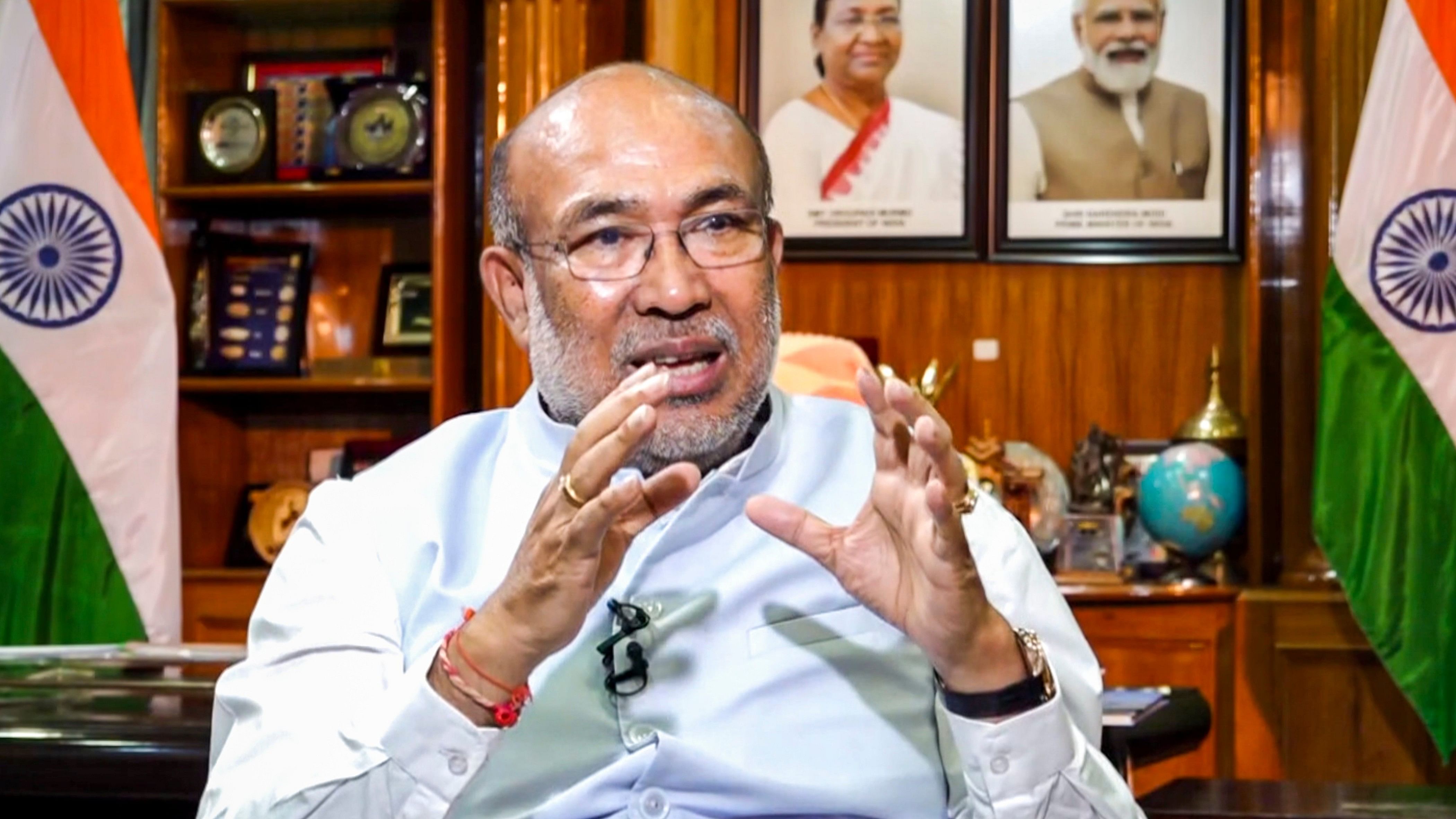 <div class="paragraphs"><p> Manipur Chief Minister N. Biren Singh speaks during an interview with PTI, in Imphal, Thursday, Aug 29, 2024. </p></div>